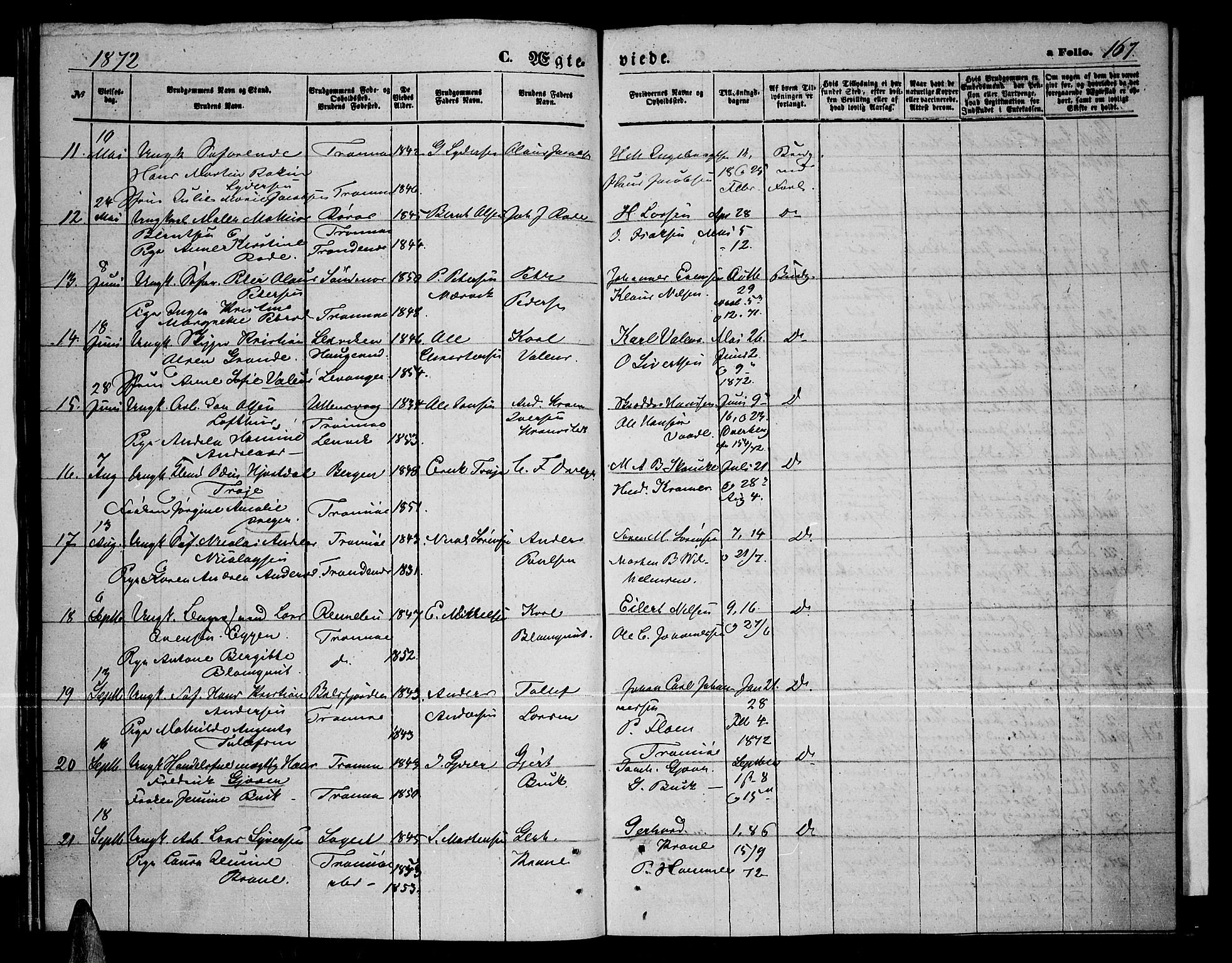 Tromsø sokneprestkontor/stiftsprosti/domprosti, AV/SATØ-S-1343/G/Gb/L0007klokker: Parish register (copy) no. 7, 1867-1875, p. 167