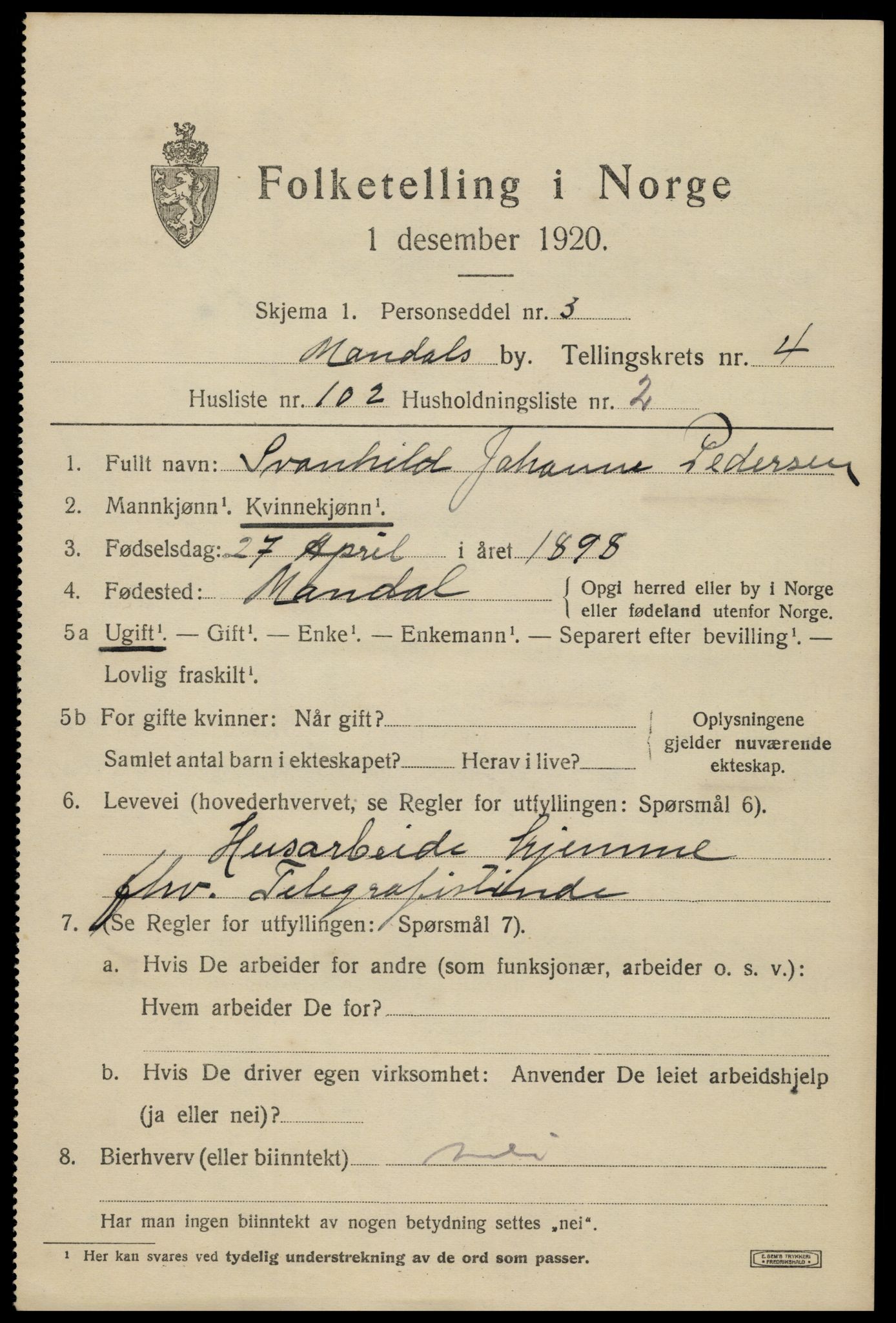 SAK, 1920 census for Mandal, 1920, p. 8125