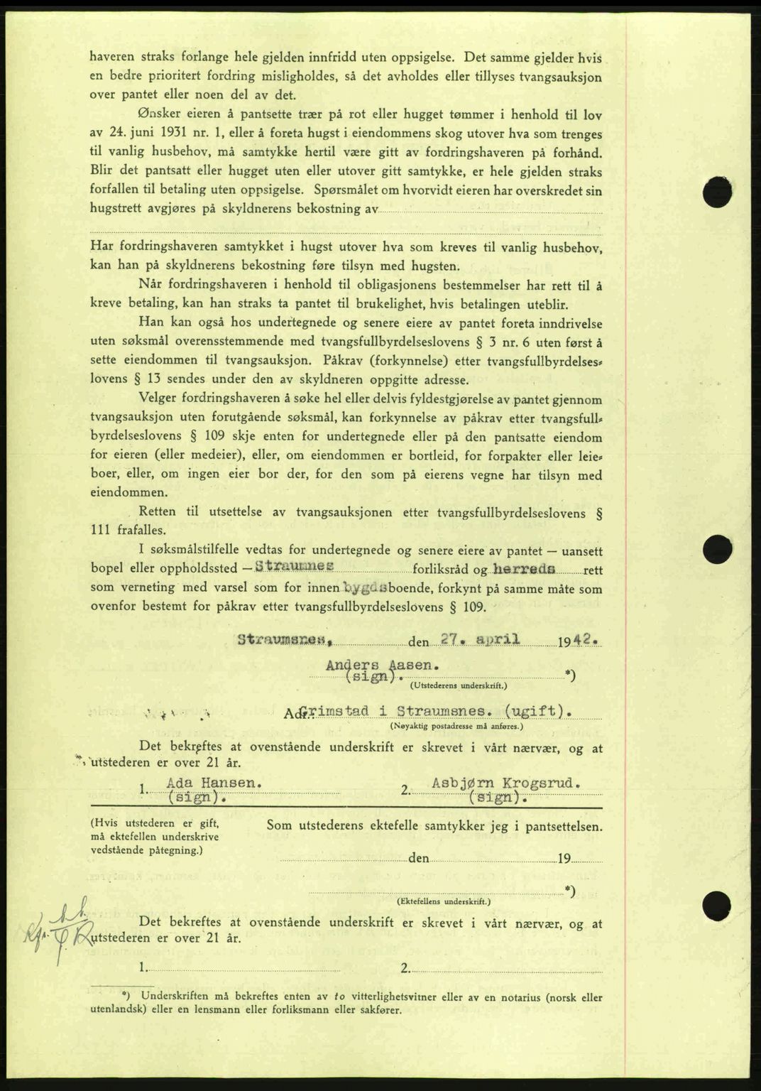 Nordmøre sorenskriveri, AV/SAT-A-4132/1/2/2Ca: Mortgage book no. B89, 1942-1942, Diary no: : 1185/1942