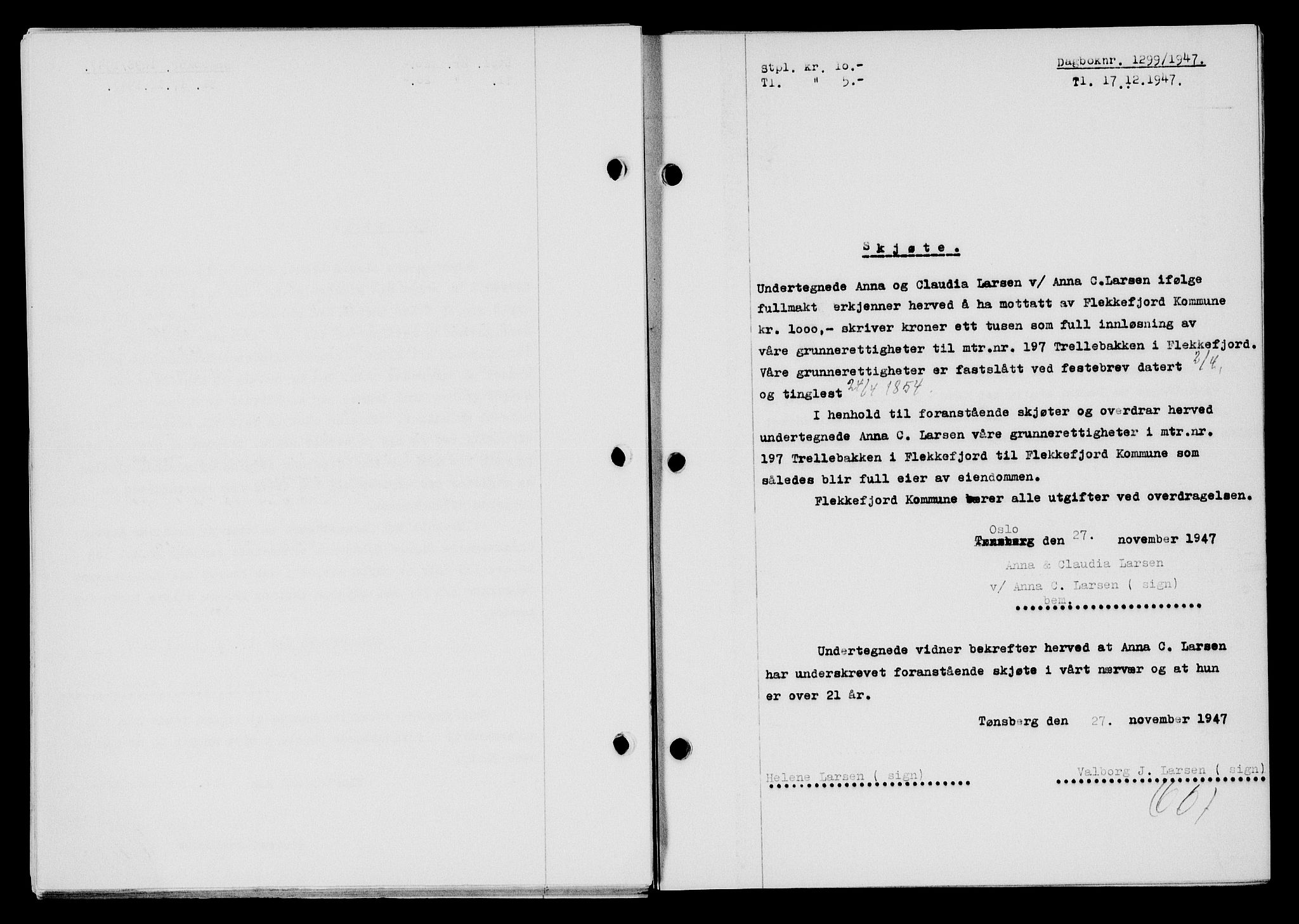 Flekkefjord sorenskriveri, SAK/1221-0001/G/Gb/Gba/L0063: Mortgage book no. A-11, 1947-1948, Diary no: : 1299/1947