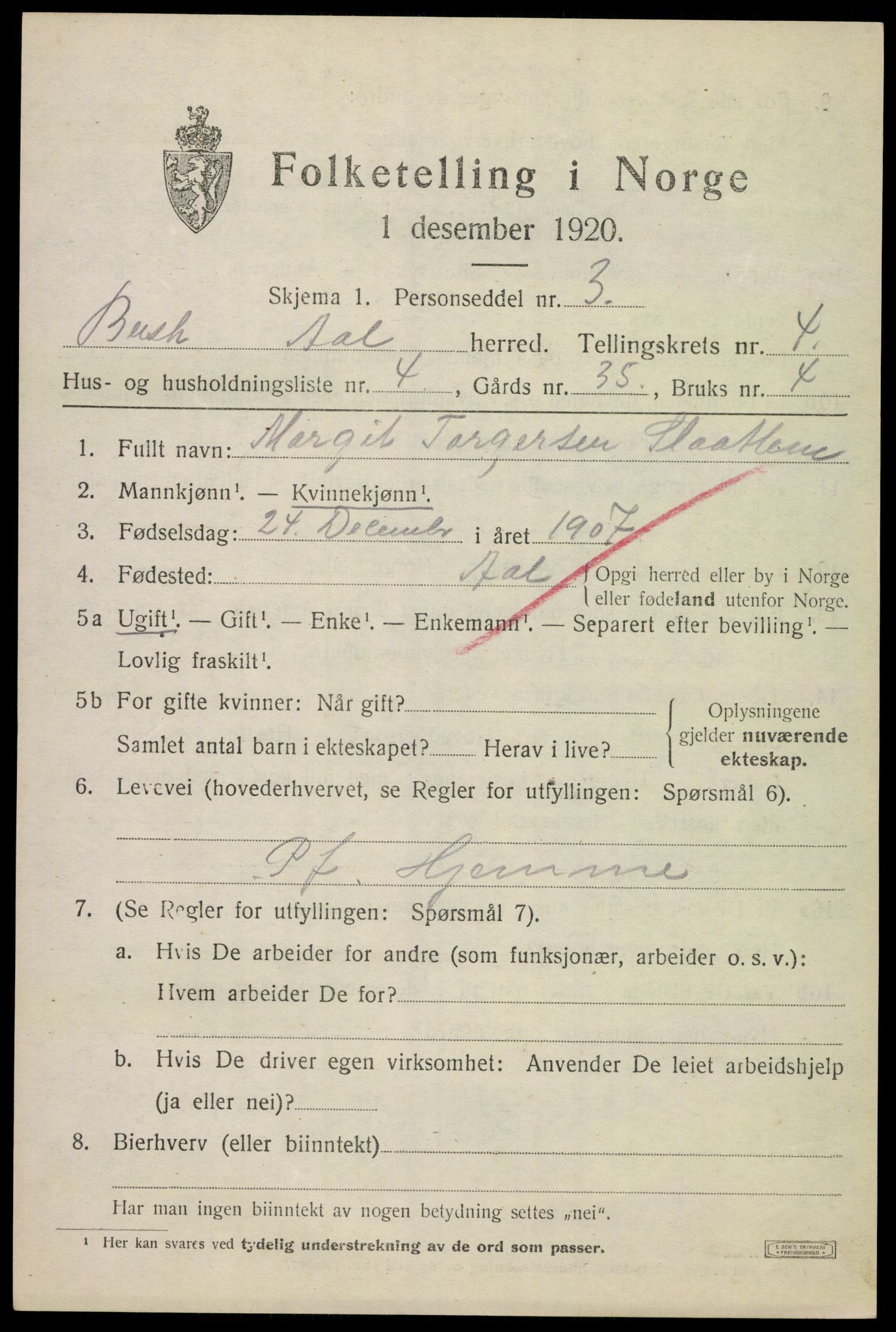 SAKO, 1920 census for Ål, 1920, p. 3088