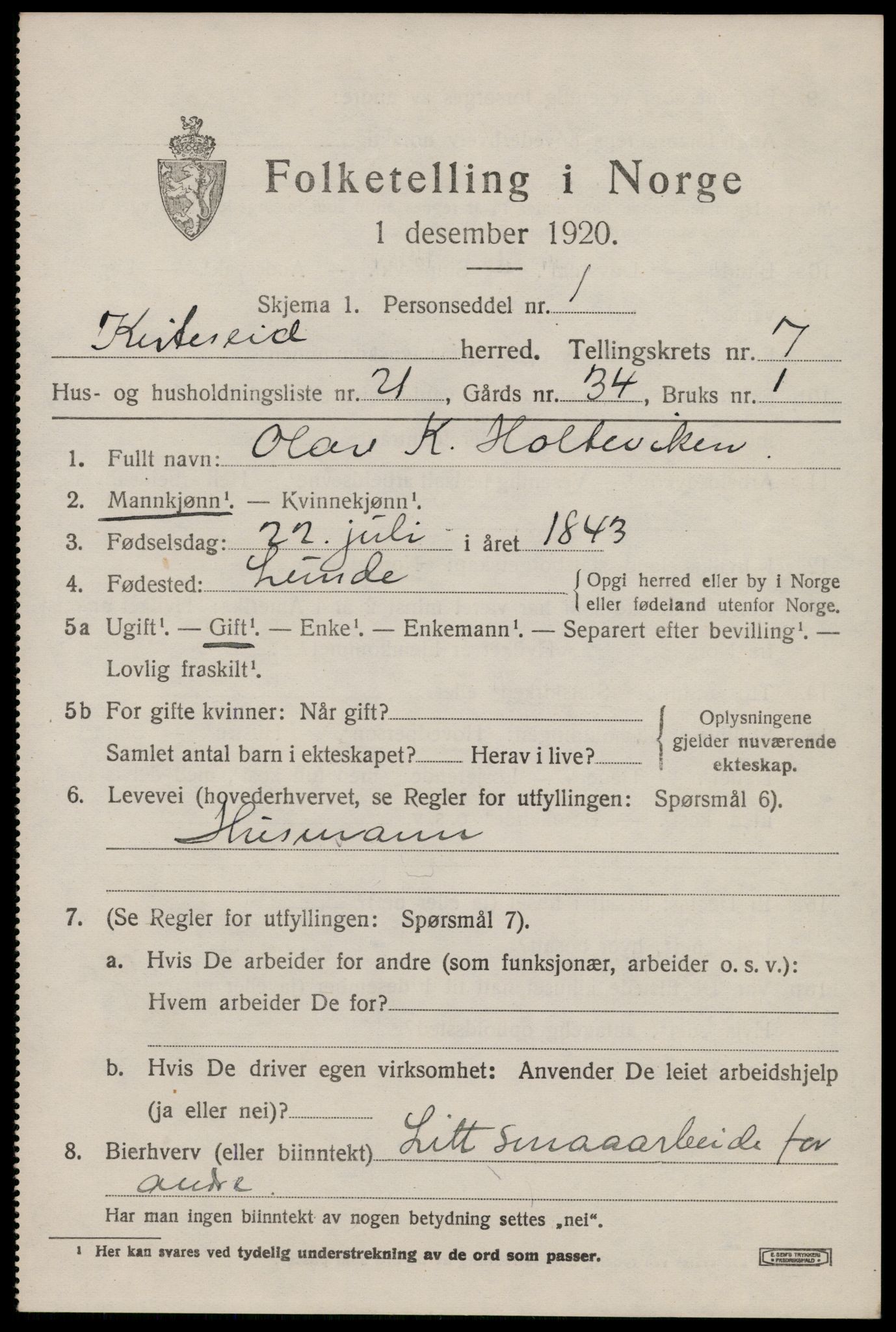 SAKO, 1920 census for Kviteseid, 1920, p. 3701