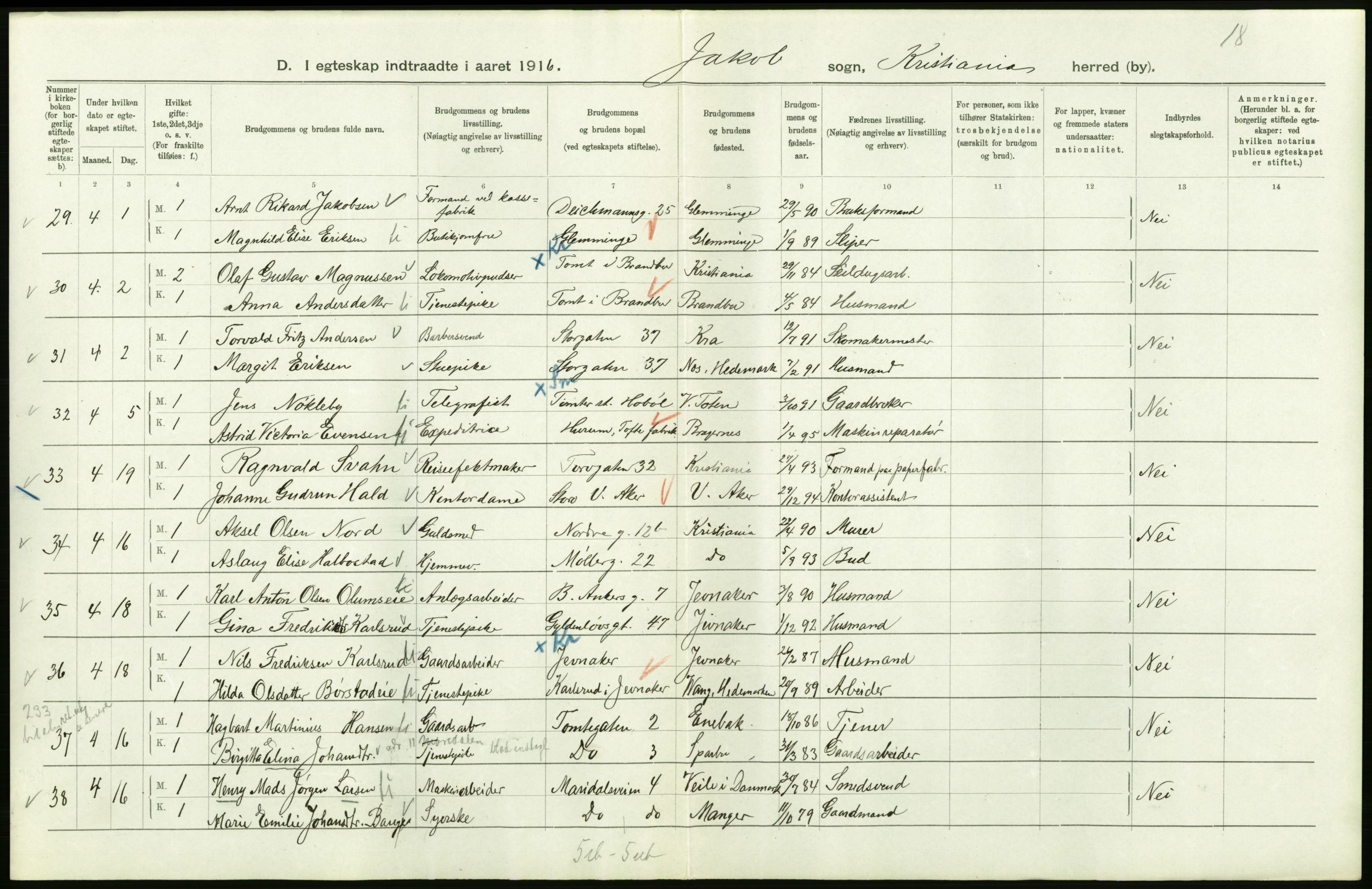 Statistisk sentralbyrå, Sosiodemografiske emner, Befolkning, RA/S-2228/D/Df/Dfb/Dfbf/L0008: Kristiania: Gifte, 1916, p. 618