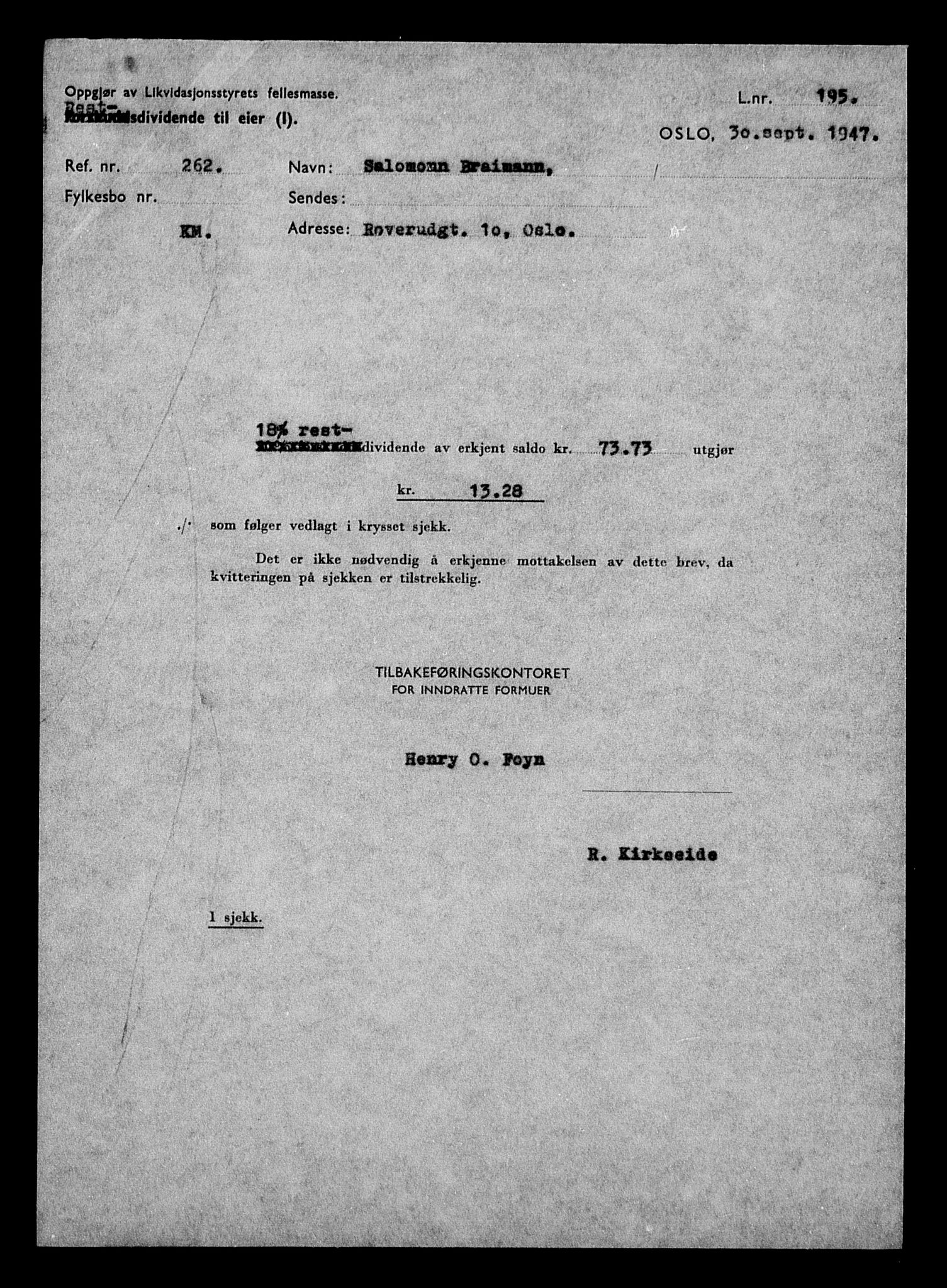 Justisdepartementet, Tilbakeføringskontoret for inndratte formuer, AV/RA-S-1564/H/Hc/Hcc/L0927: --, 1945-1947, p. 424