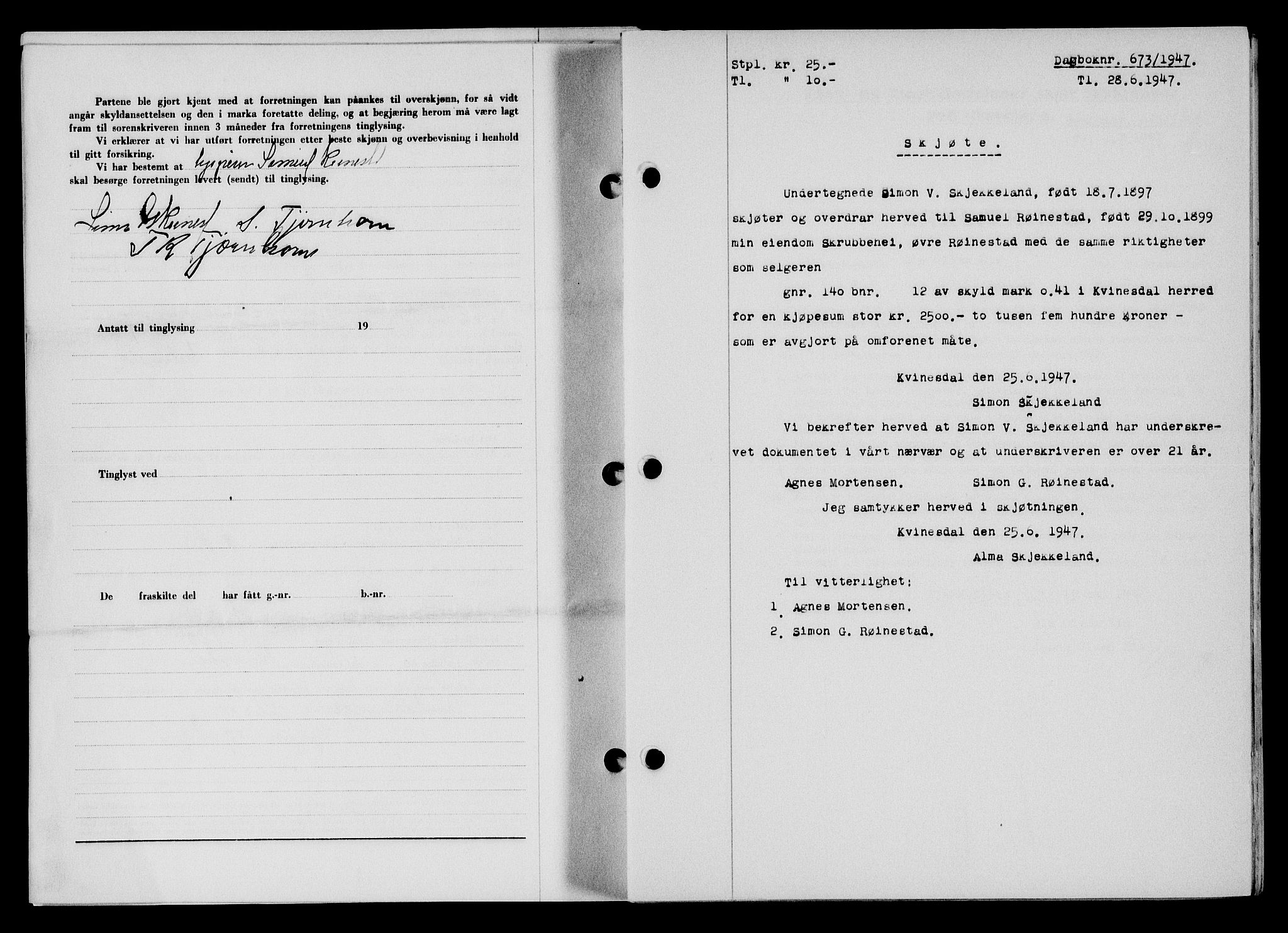 Flekkefjord sorenskriveri, SAK/1221-0001/G/Gb/Gba/L0062: Mortgage book no. A-10, 1947-1947, Diary no: : 673/1947