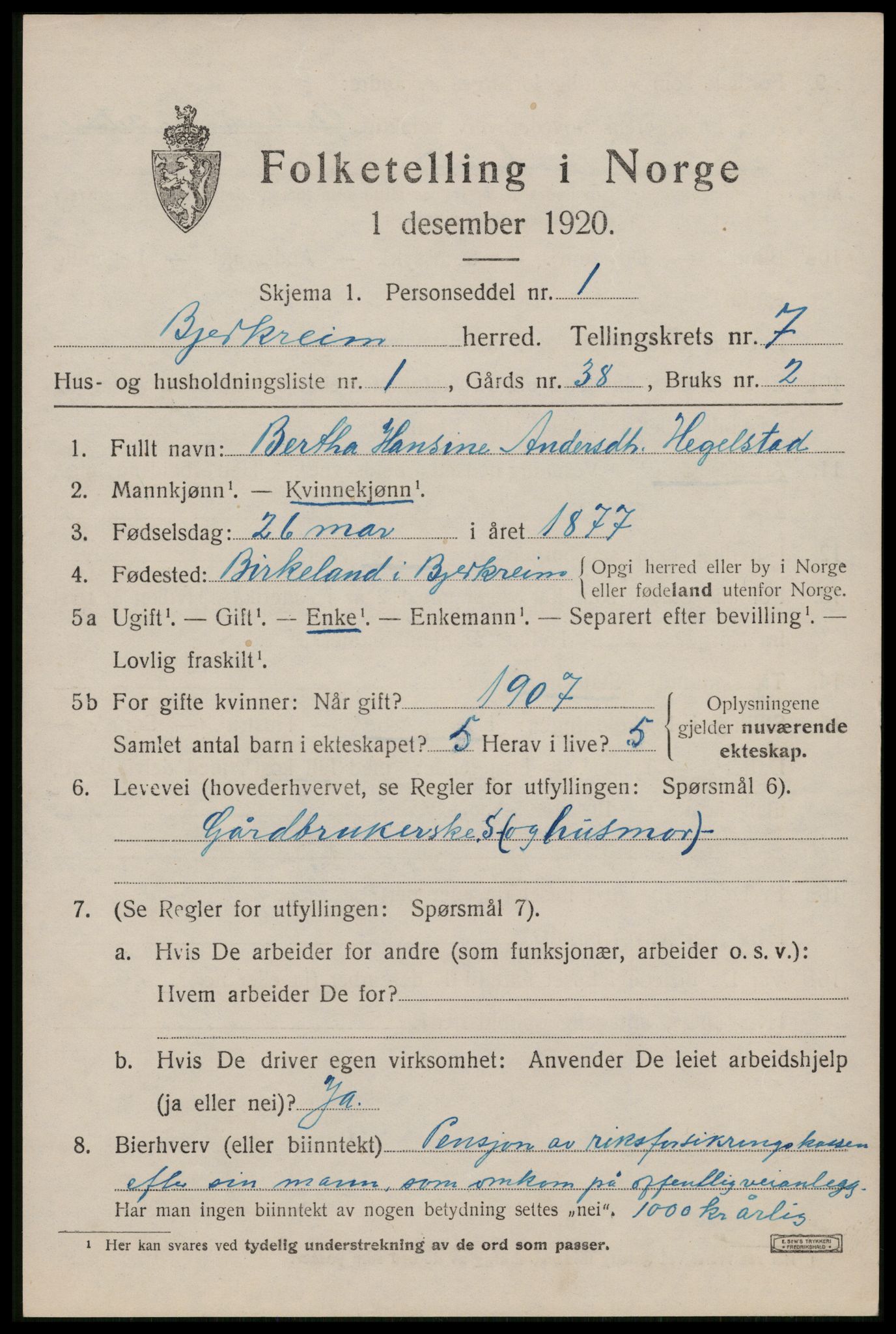 SAST, 1920 census for Bjerkreim, 1920, p. 2314