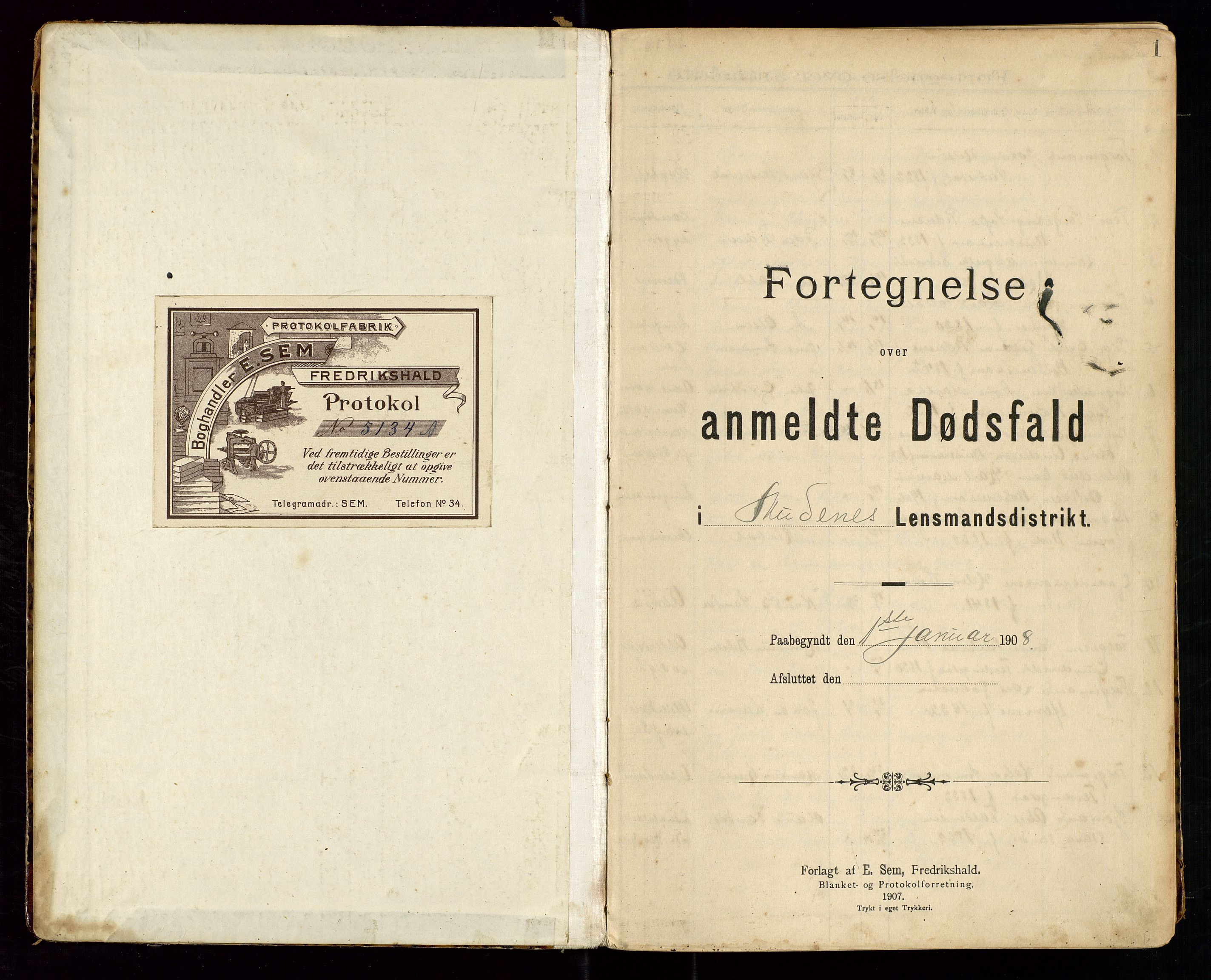 Skudenes lensmannskontor, SAST/A-100444/Gga/L0003: "Dødsfalds-Protokol", 1908-1912, p. 1