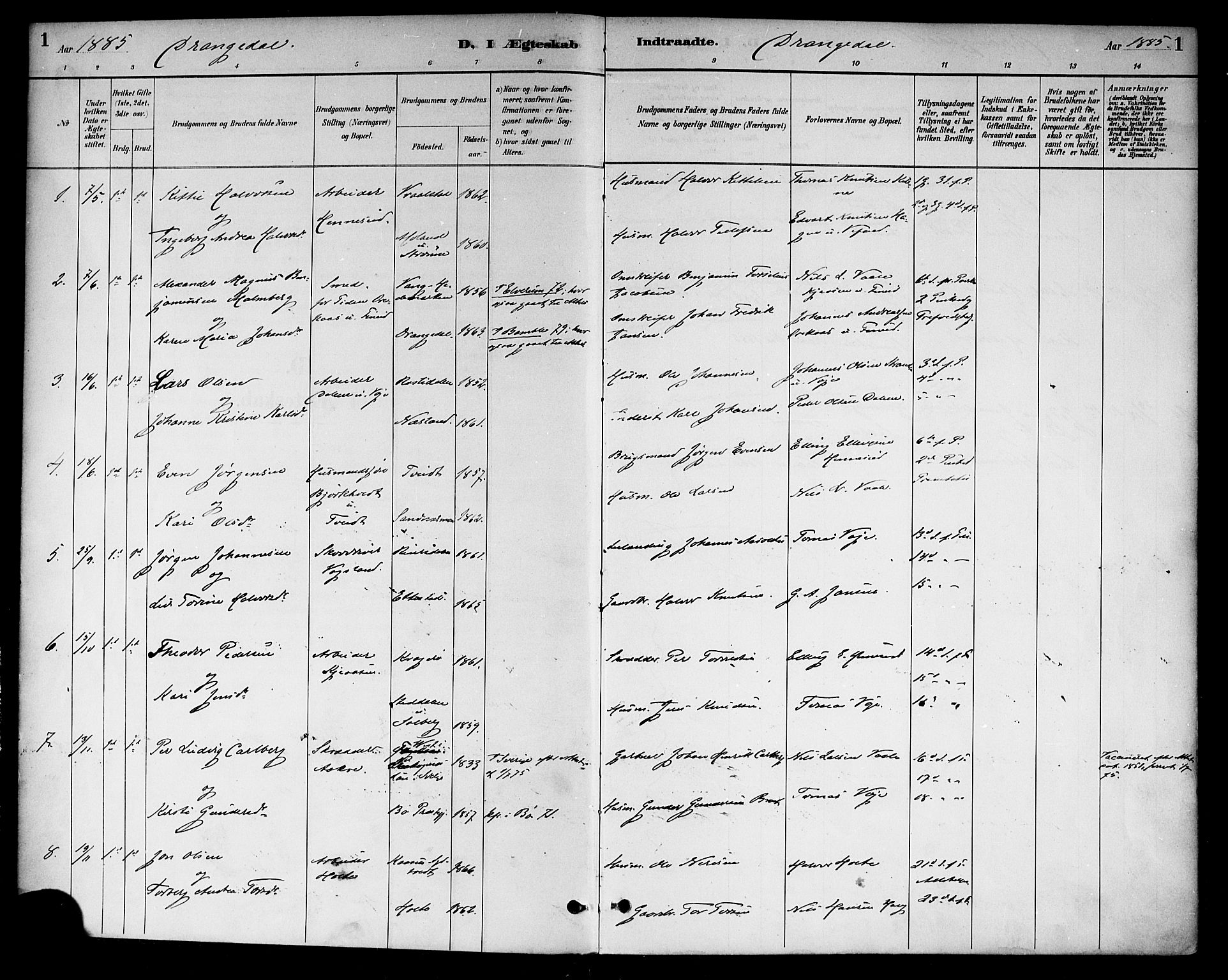 Drangedal kirkebøker, SAKO/A-258/F/Fa/L0011: Parish register (official) no. 11 /1, 1885-1894, p. 1