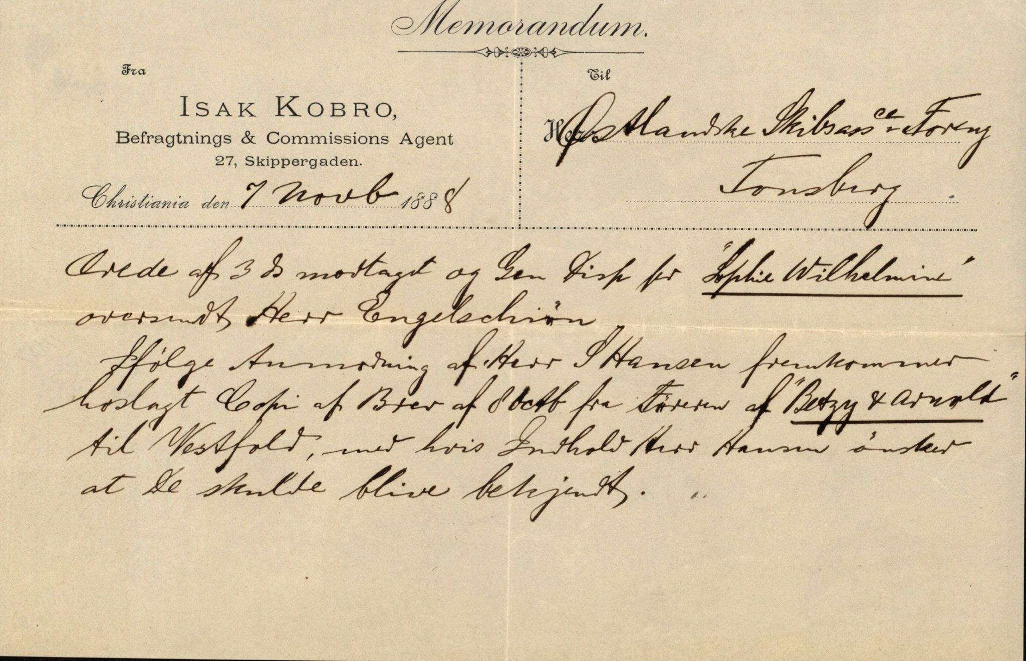 Pa 63 - Østlandske skibsassuranceforening, VEMU/A-1079/G/Ga/L0021/0008: Havaridokumenter / Betsy & Arnold, Bertrand, Brillant, Britania, 1888, p. 4