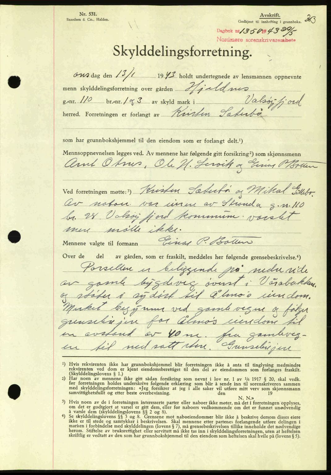 Nordmøre sorenskriveri, AV/SAT-A-4132/1/2/2Ca: Mortgage book no. A95, 1943-1943, Diary no: : 1350/1943