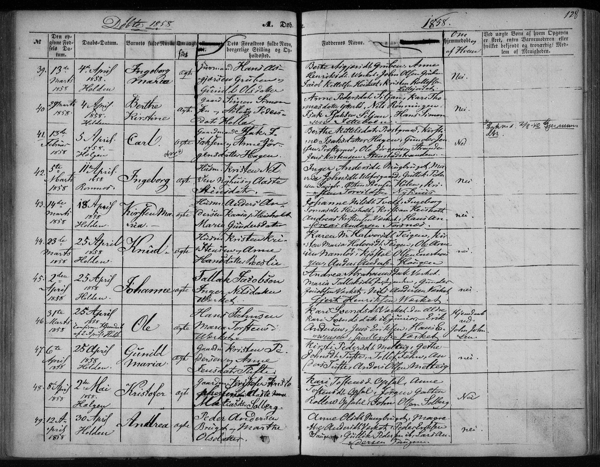 Holla kirkebøker, AV/SAKO-A-272/F/Fa/L0005: Parish register (official) no. 5, 1849-1860, p. 128