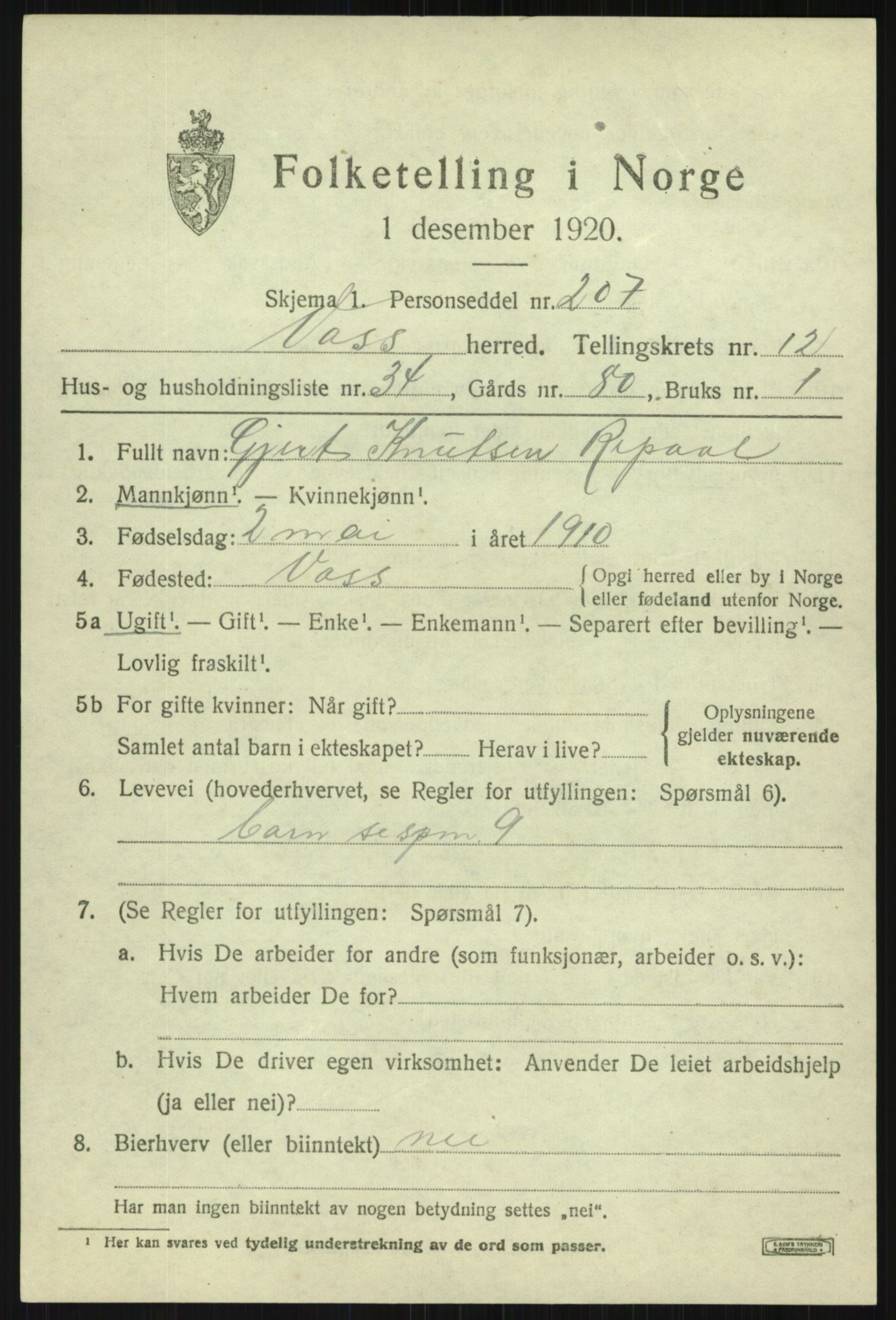 SAB, 1920 census for Voss, 1920, p. 11143