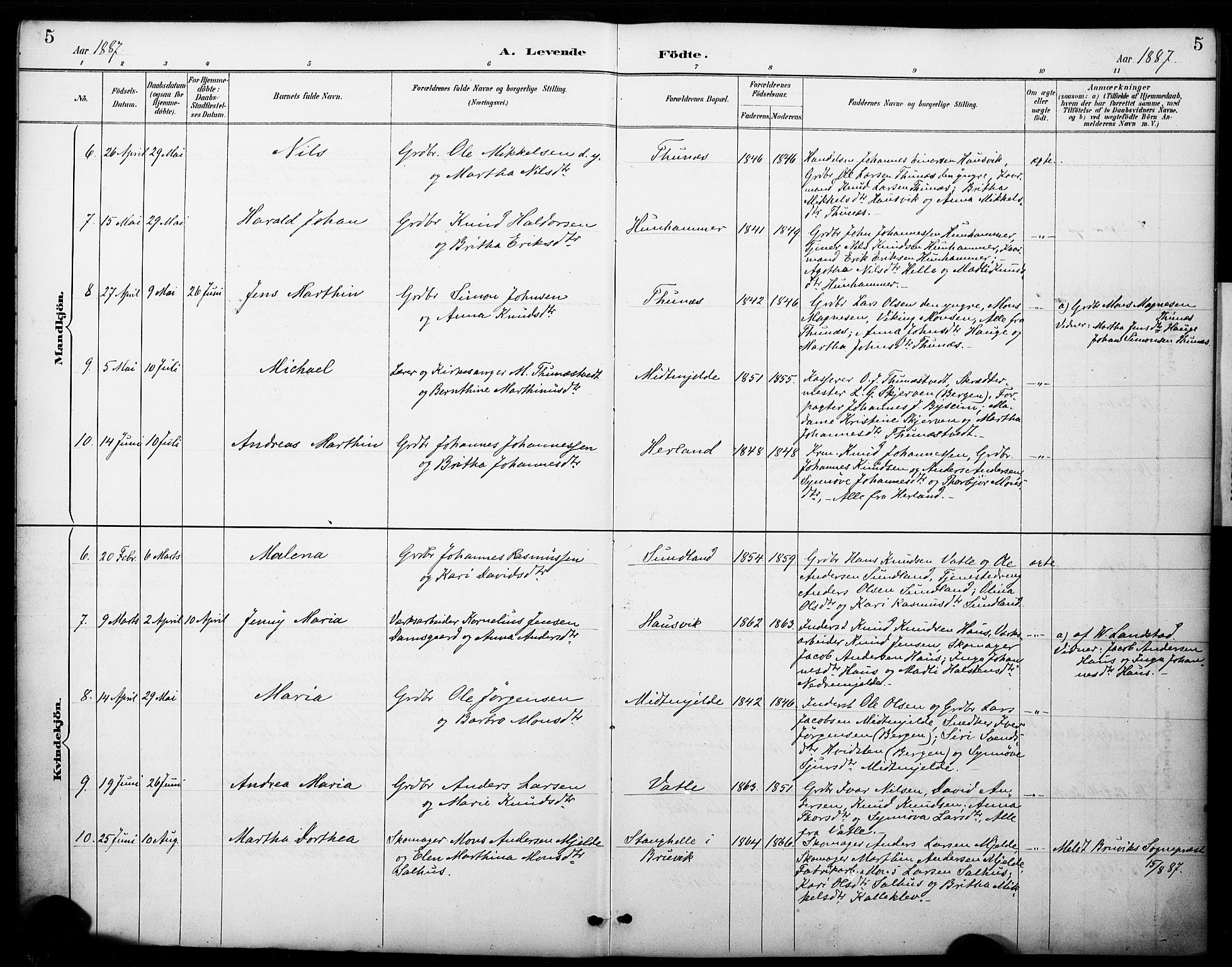 Haus sokneprestembete, AV/SAB-A-75601/H/Haa: Parish register (official) no. B 1, 1887-1898, p. 5