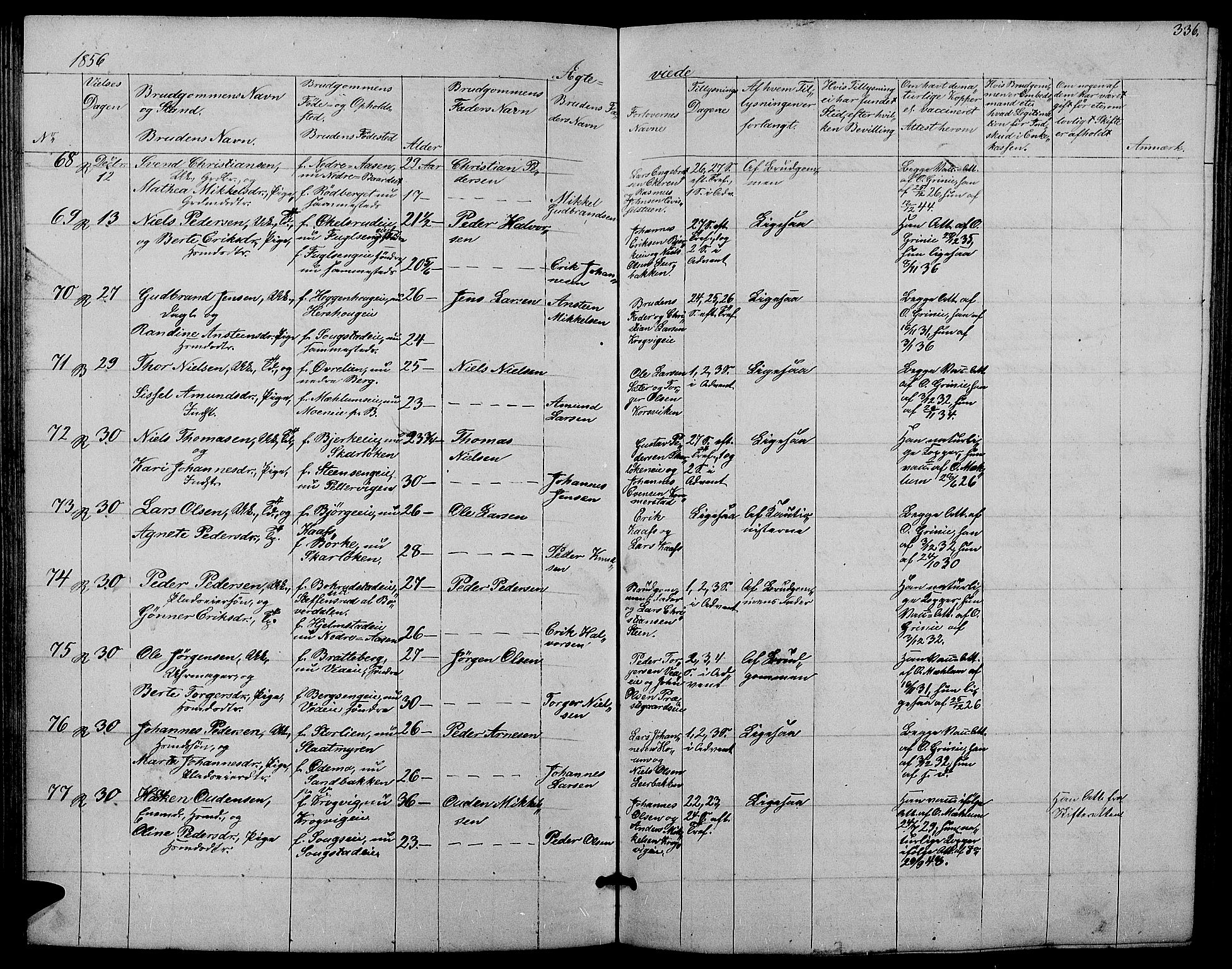 Ringsaker prestekontor, SAH/PREST-014/L/La/L0006: Parish register (copy) no. 6, 1851-1860, p. 336