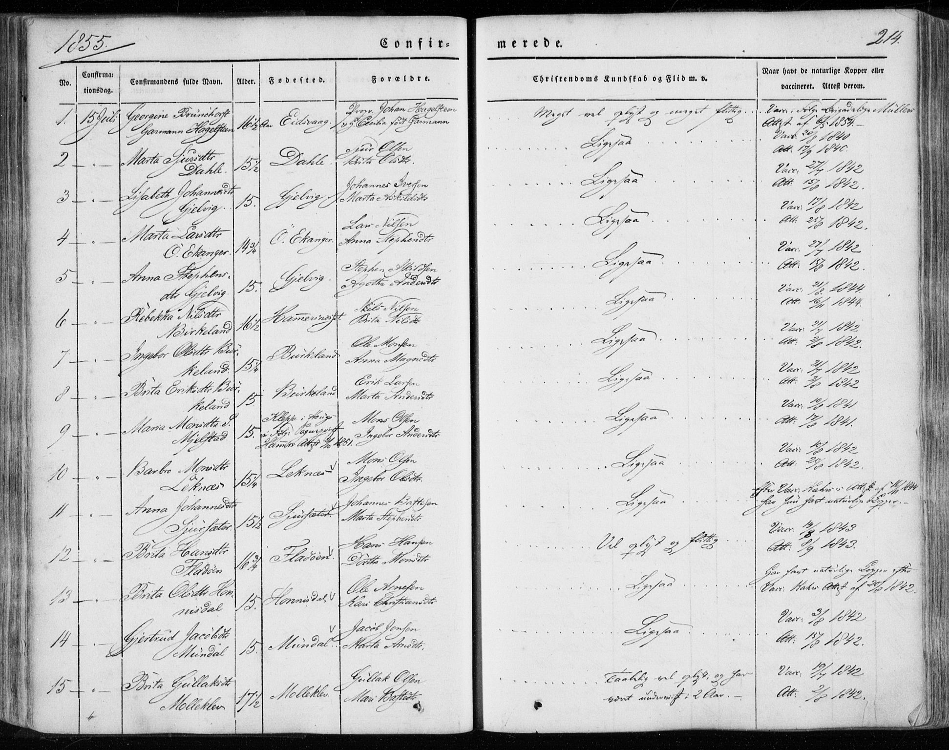 Hamre sokneprestembete, AV/SAB-A-75501/H/Ha/Haa/Haaa/L0013: Parish register (official) no. A 13, 1846-1857, p. 214