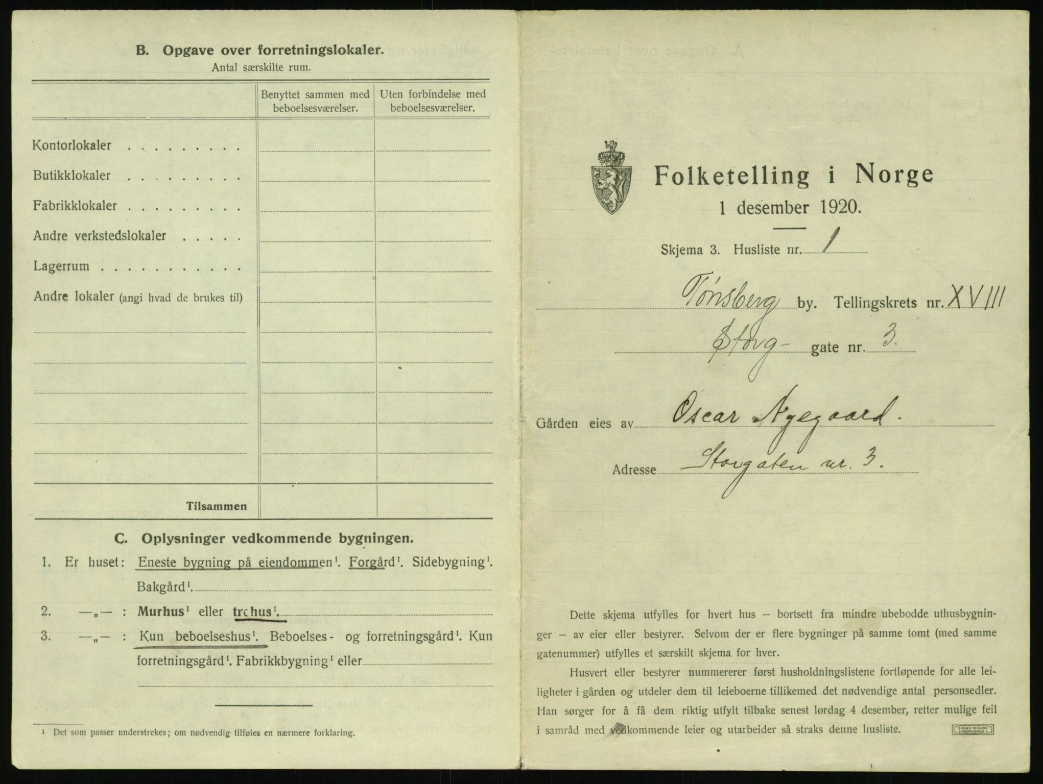 SAKO, 1920 census for Tønsberg, 1920, p. 1853