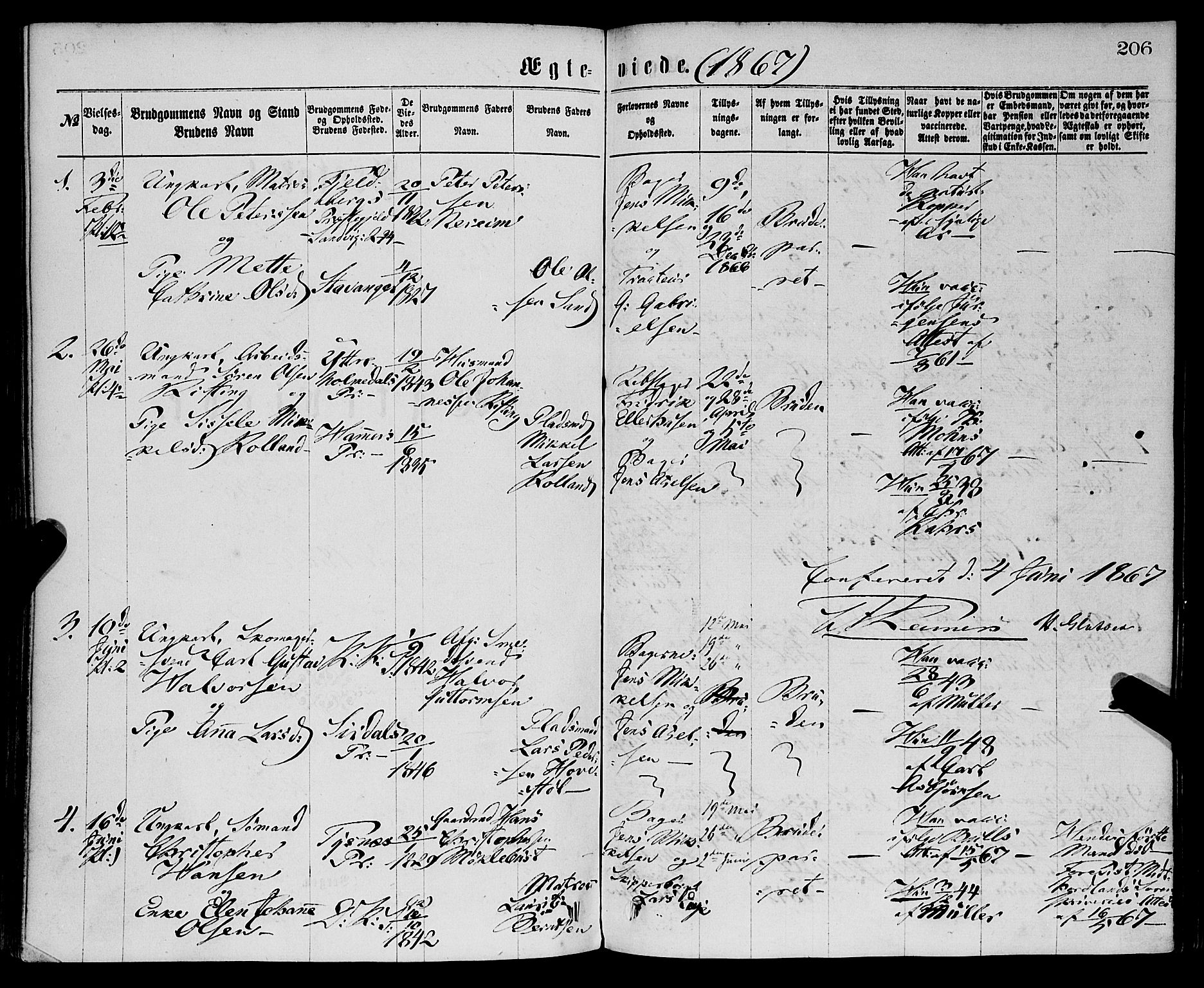 Sandviken Sokneprestembete, SAB/A-77601/H/Ha/L0001: Parish register (official) no. A 1, 1867-1877, p. 206