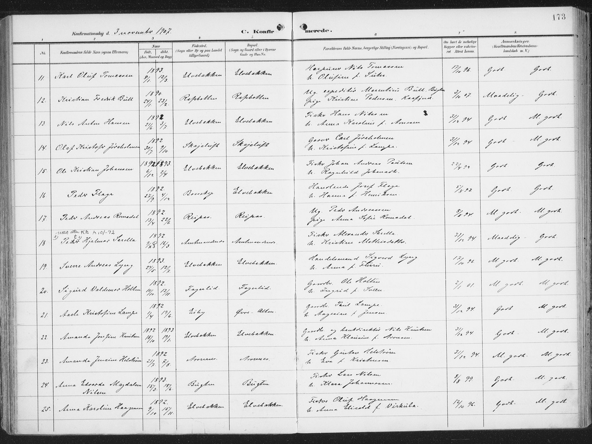 Alta sokneprestkontor, AV/SATØ-S-1338/H/Ha/L0005.kirke: Parish register (official) no. 5, 1904-1918, p. 173