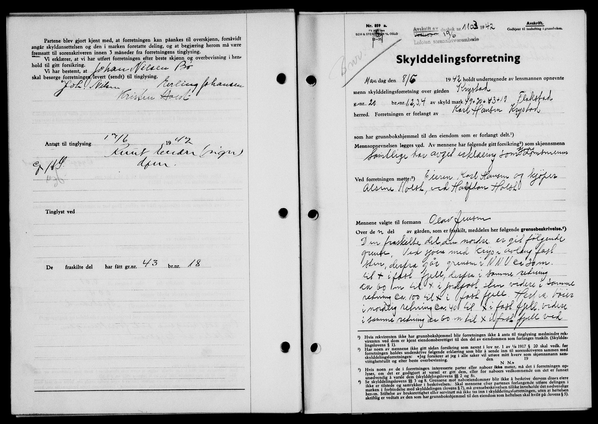 Lofoten sorenskriveri, SAT/A-0017/1/2/2C/L0010a: Mortgage book no. 10a, 1942-1943, Diary no: : 1103/1942