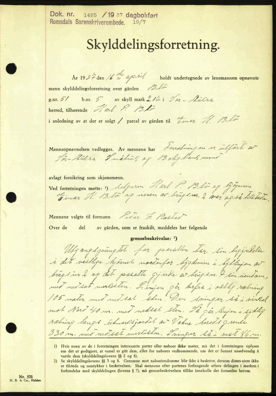 Romsdal sorenskriveri, SAT/A-4149/1/2/2C: Mortgage book no. A3, 1937-1937, Diary no: : 1425/1937