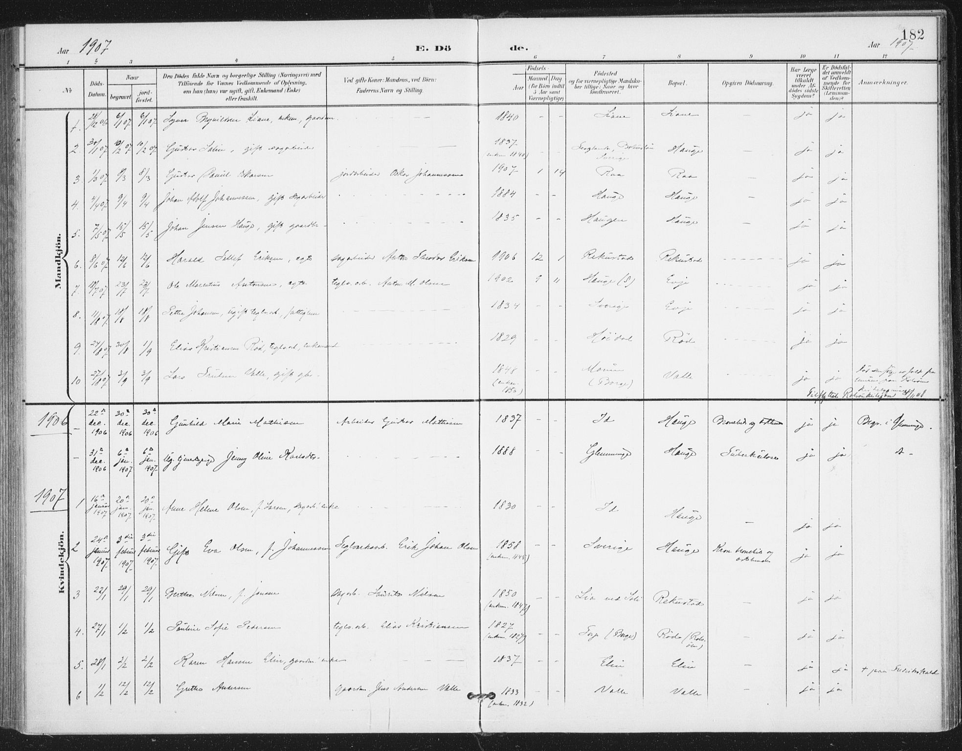 Rolvsøy prestekontor Kirkebøker, AV/SAO-A-2004/F/Fa/L0001: Parish register (official) no. 1, 1901-1909, p. 182