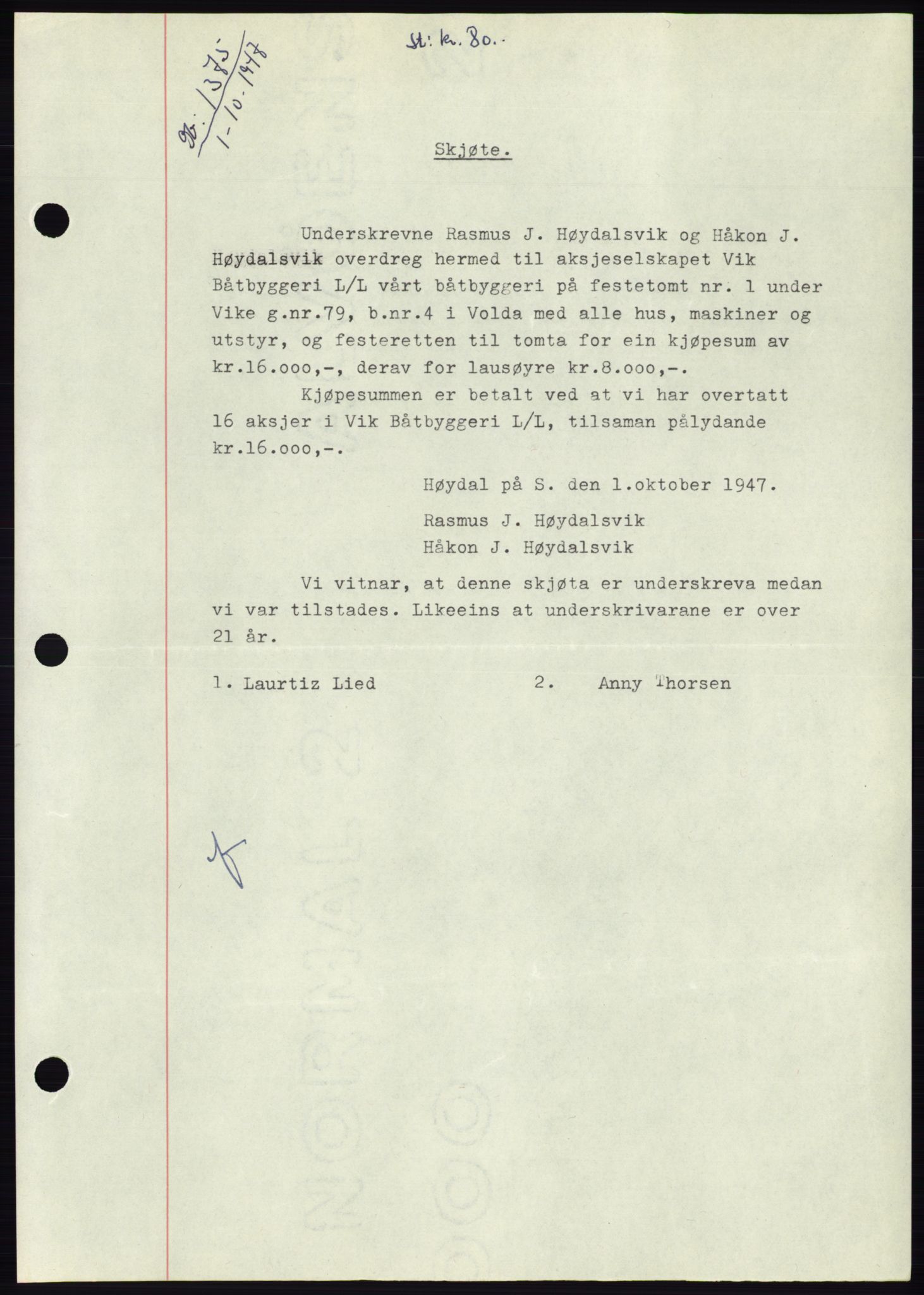 Søre Sunnmøre sorenskriveri, AV/SAT-A-4122/1/2/2C/L0081: Mortgage book no. 7A, 1947-1948, Diary no: : 1375/1947