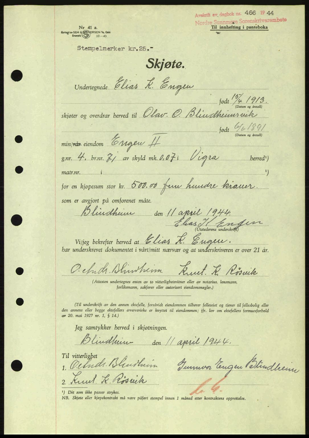 Nordre Sunnmøre sorenskriveri, AV/SAT-A-0006/1/2/2C/2Ca: Mortgage book no. A17, 1943-1944, Diary no: : 466/1944