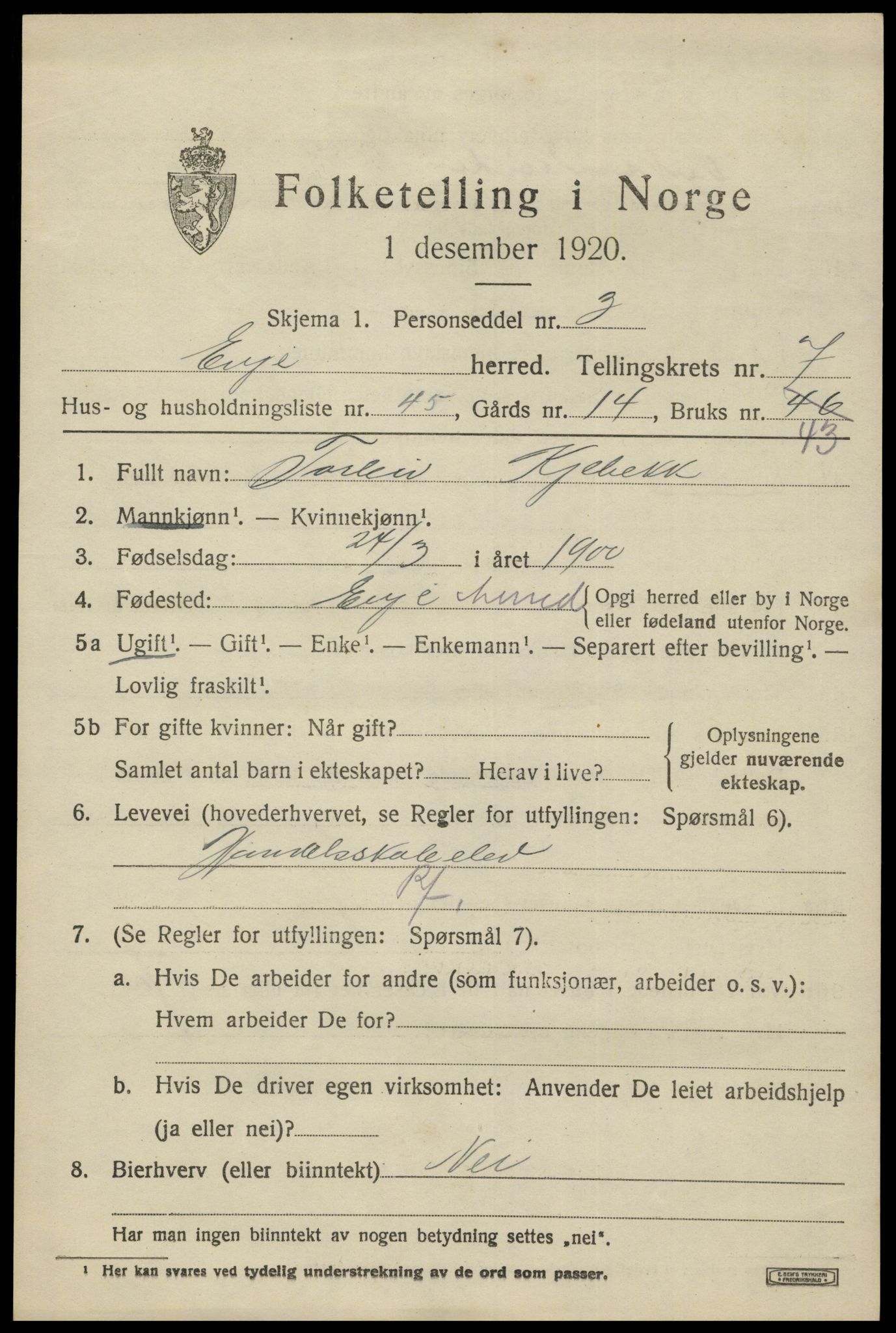 SAK, 1920 census for Evje, 1920, p. 2842