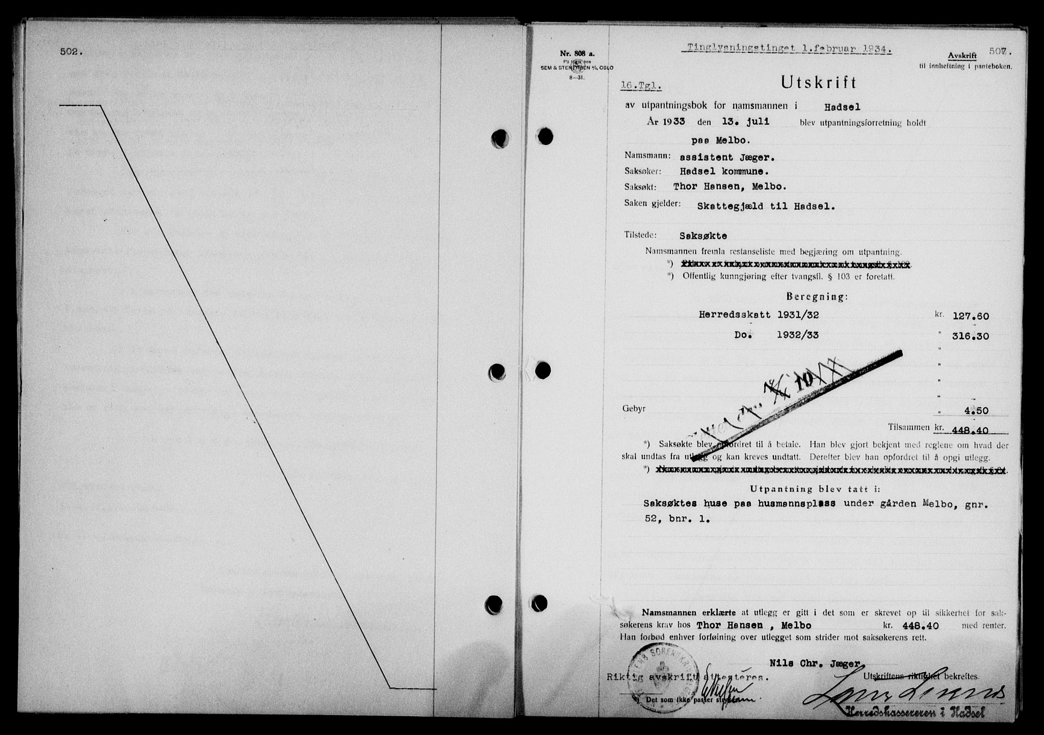 Vesterålen sorenskriveri, AV/SAT-A-4180/1/2/2Ca/L0059: Mortgage book no. 52, 1933-1934, Deed date: 01.02.1934