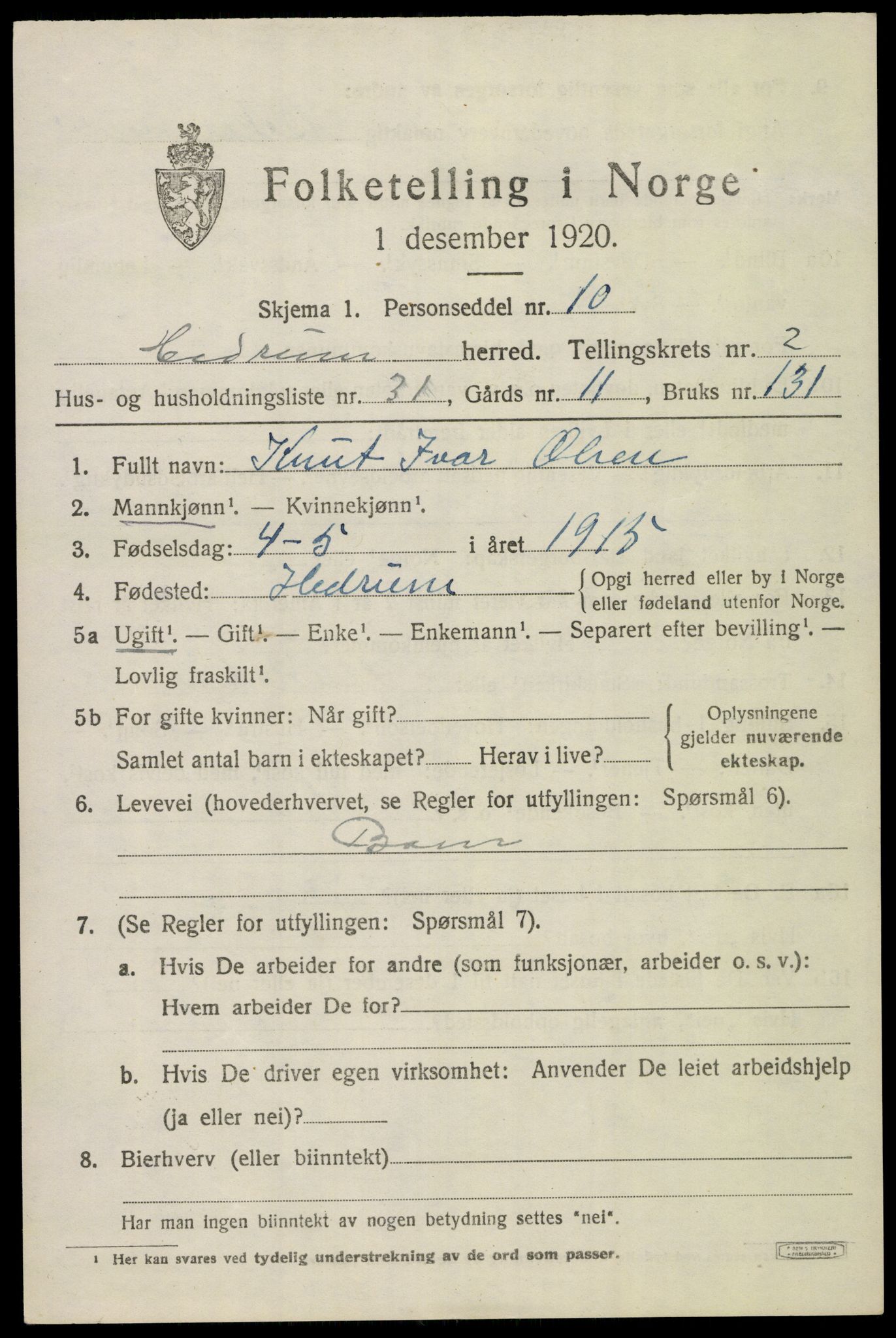 SAKO, 1920 census for Hedrum, 1920, p. 2819