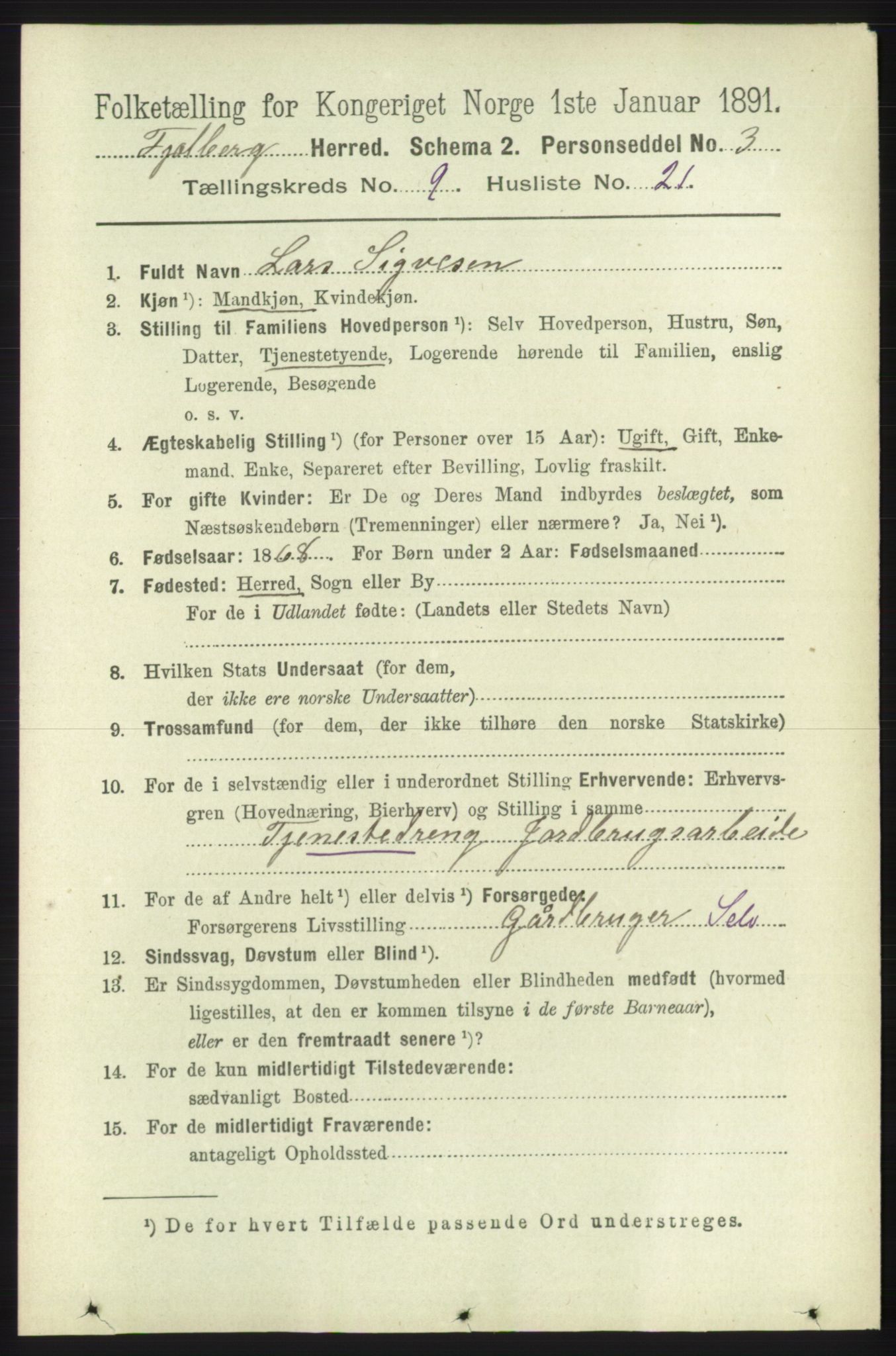 RA, 1891 census for 1213 Fjelberg, 1891, p. 3529