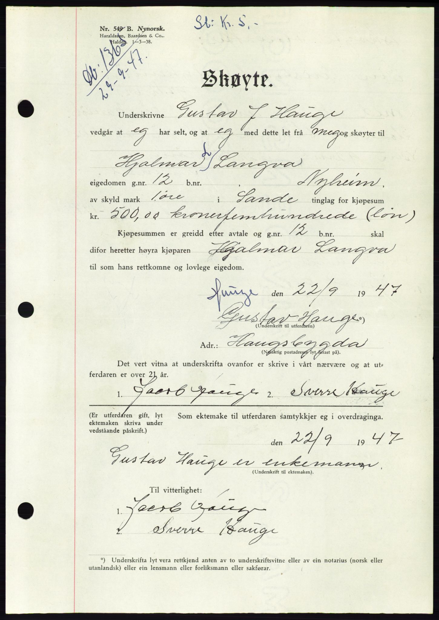 Søre Sunnmøre sorenskriveri, AV/SAT-A-4122/1/2/2C/L0081: Mortgage book no. 7A, 1947-1948, Diary no: : 1365/1947