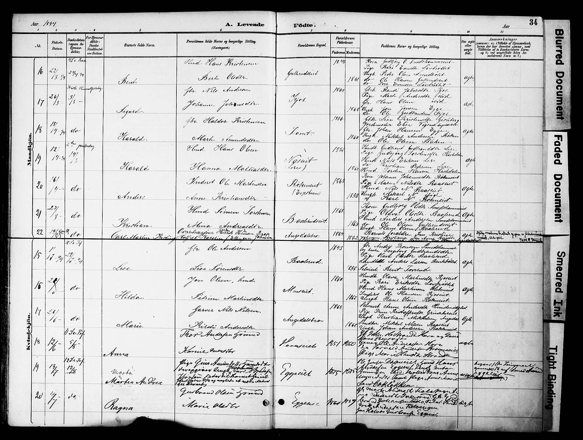 Gran prestekontor, AV/SAH-PREST-112/H/Ha/Haa/L0020: Parish register (official) no. 20, 1889-1899, p. 34