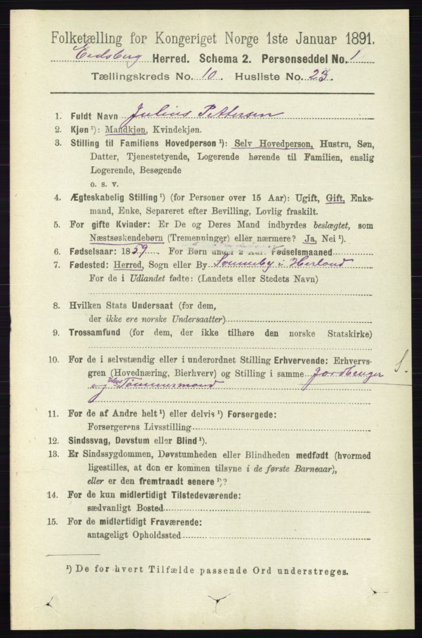 RA, 1891 census for 0125 Eidsberg, 1891, p. 5800