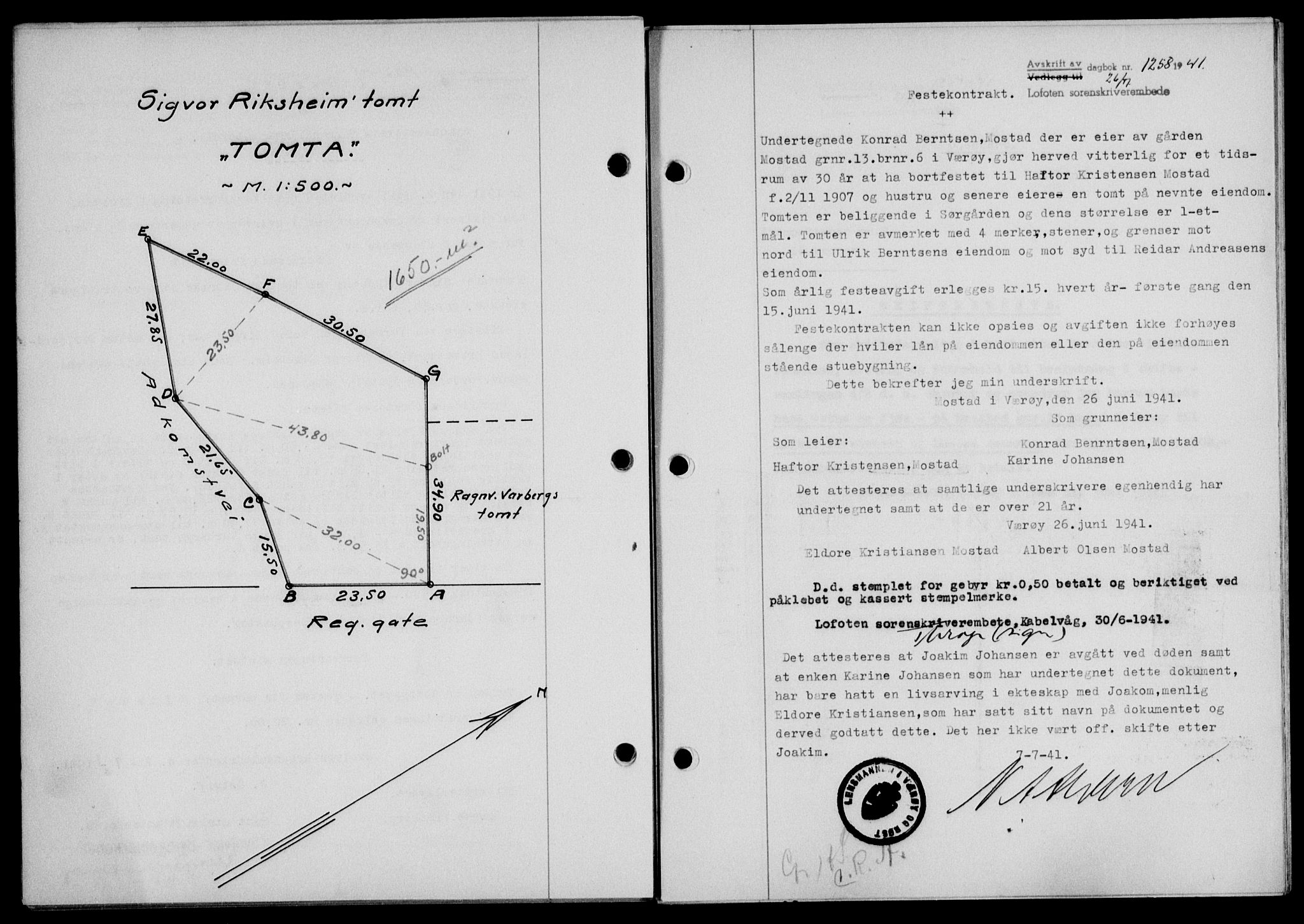 Lofoten sorenskriveri, SAT/A-0017/1/2/2C/L0008a: Mortgage book no. 8a, 1940-1941, Diary no: : 1258/1941