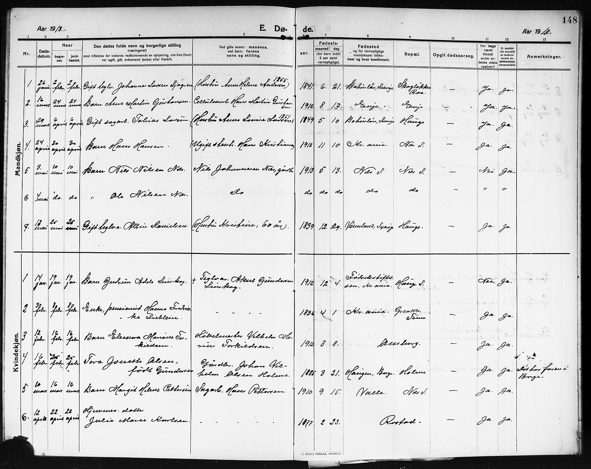 Rolvsøy prestekontor Kirkebøker, AV/SAO-A-2004/G/Ga/L0001: Parish register (copy) no. 1, 1911-1920, p. 148