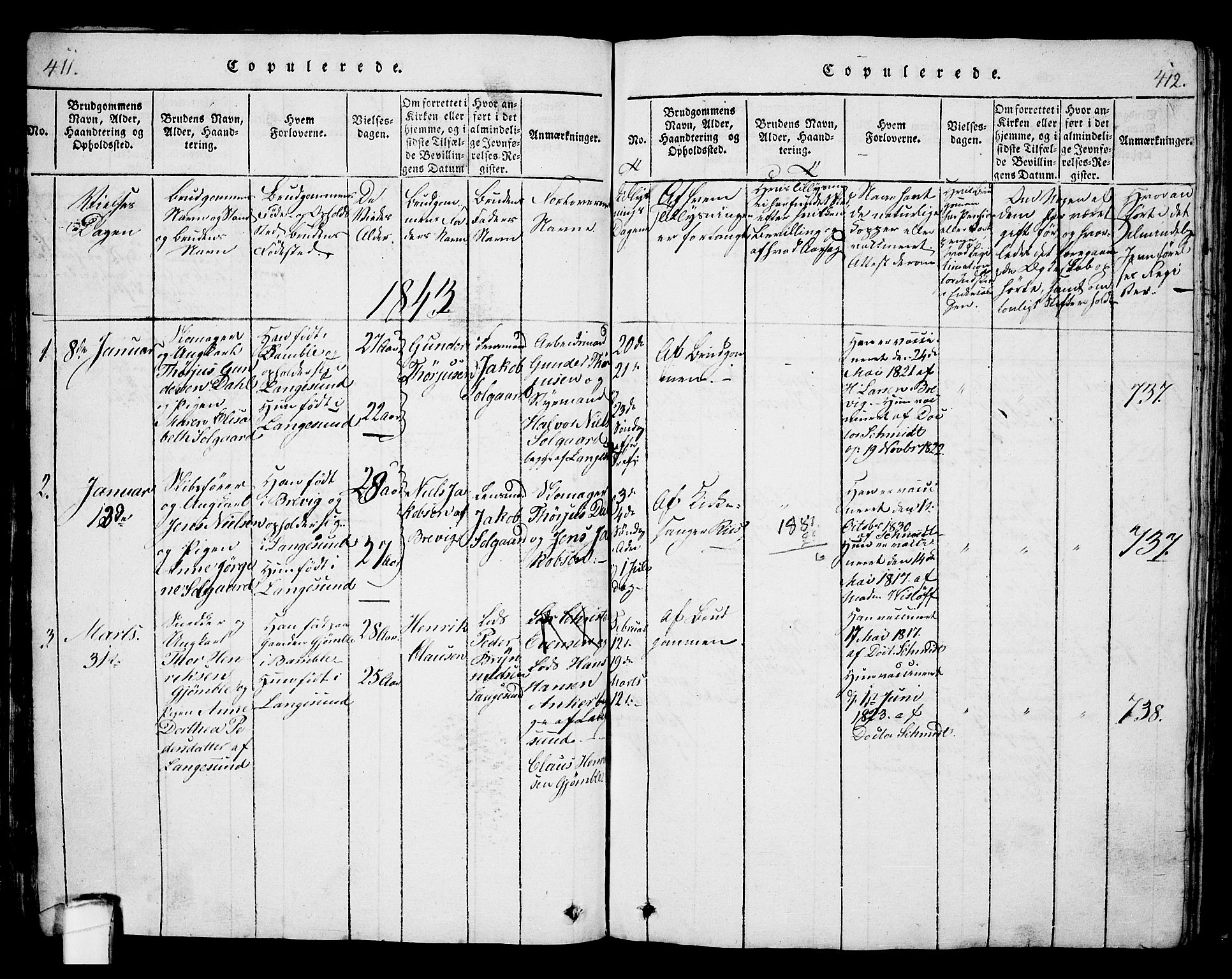 Langesund kirkebøker, SAKO/A-280/G/Ga/L0003: Parish register (copy) no. 3, 1815-1858, p. 411-412