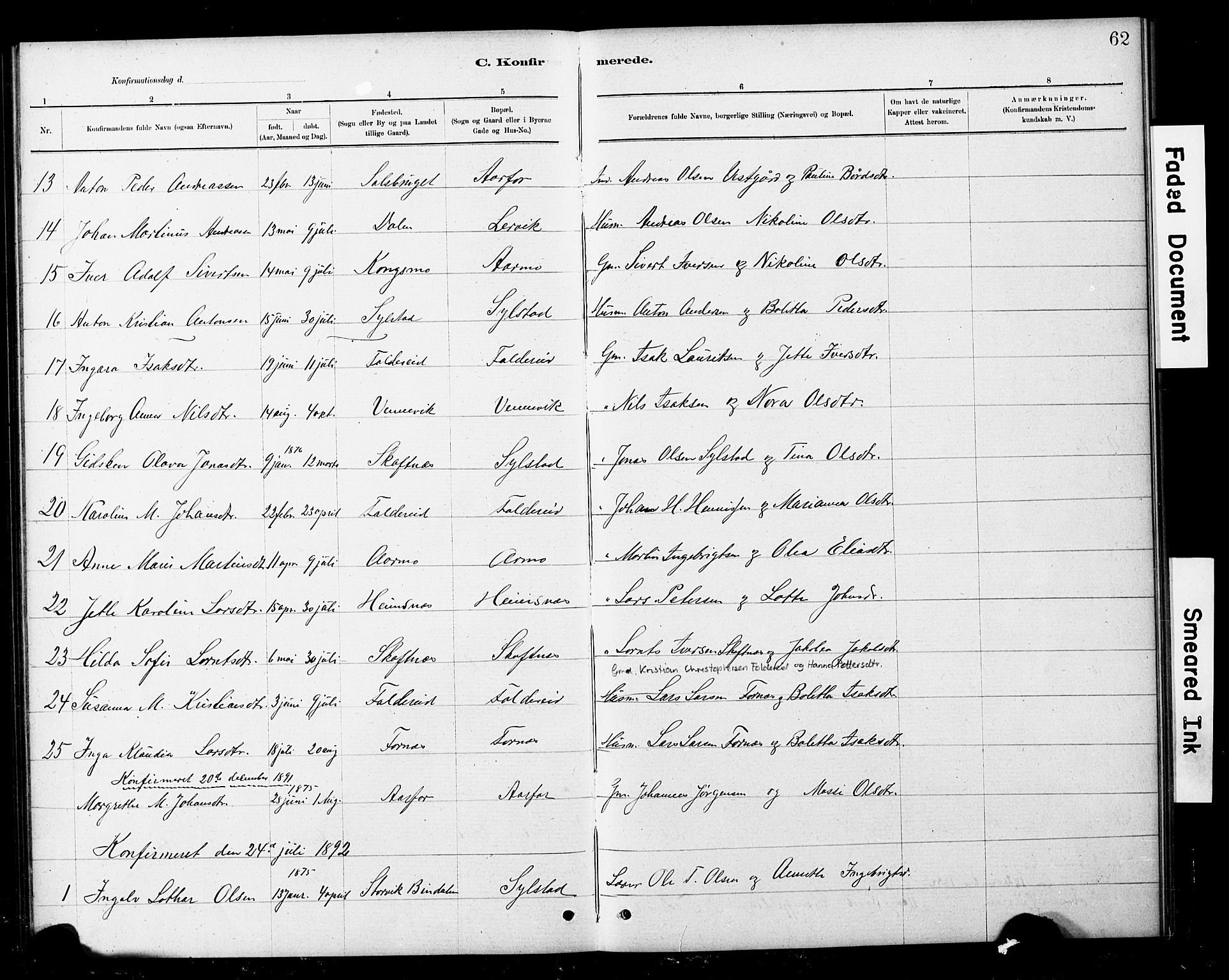 Ministerialprotokoller, klokkerbøker og fødselsregistre - Nord-Trøndelag, SAT/A-1458/783/L0661: Parish register (copy) no. 783C01, 1878-1893, p. 62