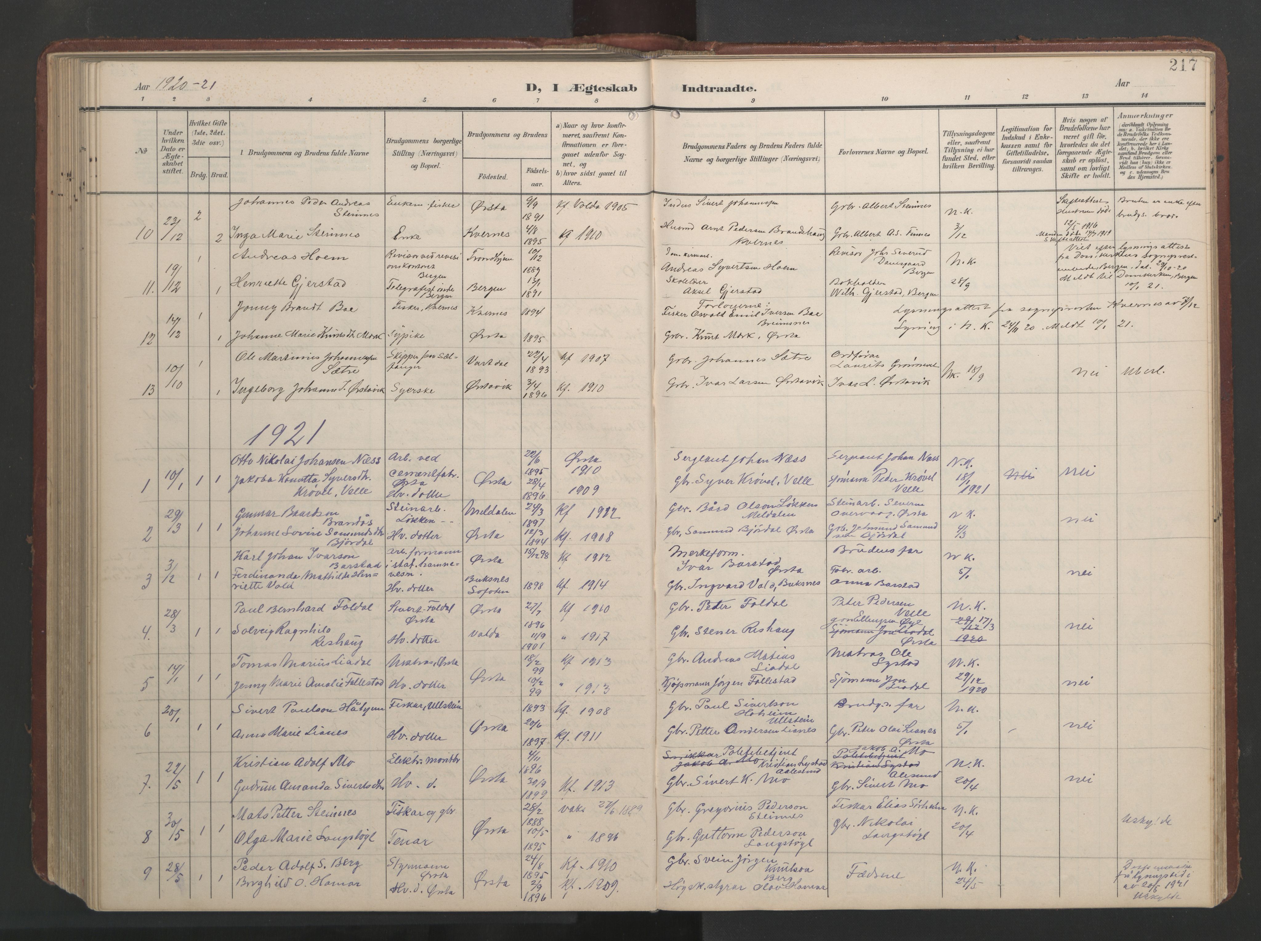 Ministerialprotokoller, klokkerbøker og fødselsregistre - Møre og Romsdal, SAT/A-1454/513/L0190: Parish register (copy) no. 513C04, 1904-1926, p. 217