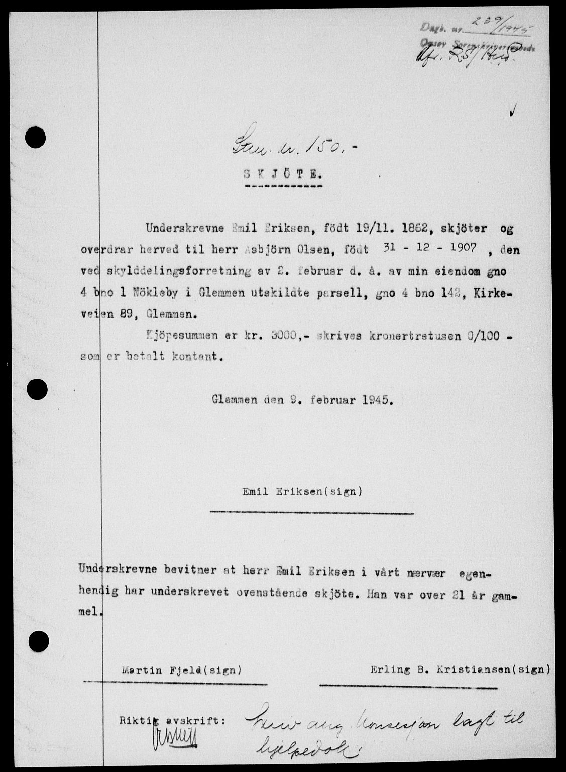 Onsøy sorenskriveri, SAO/A-10474/G/Ga/Gab/L0014: Mortgage book no. II A-14, 1944-1945, Diary no: : 239/1945
