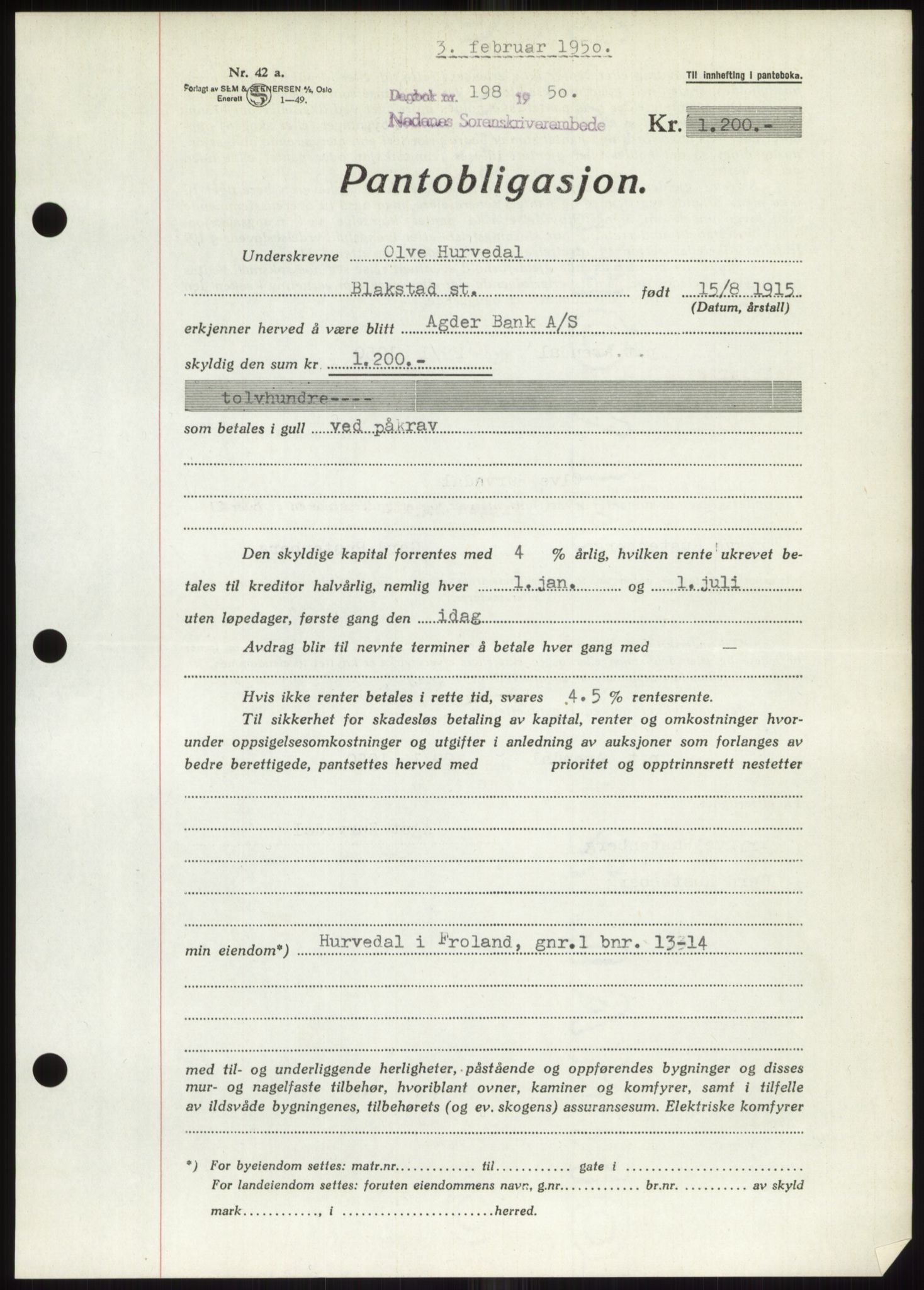 Nedenes sorenskriveri, AV/SAK-1221-0006/G/Gb/Gbb/L0007: Mortgage book no. B7, 1949-1950, Diary no: : 198/1950