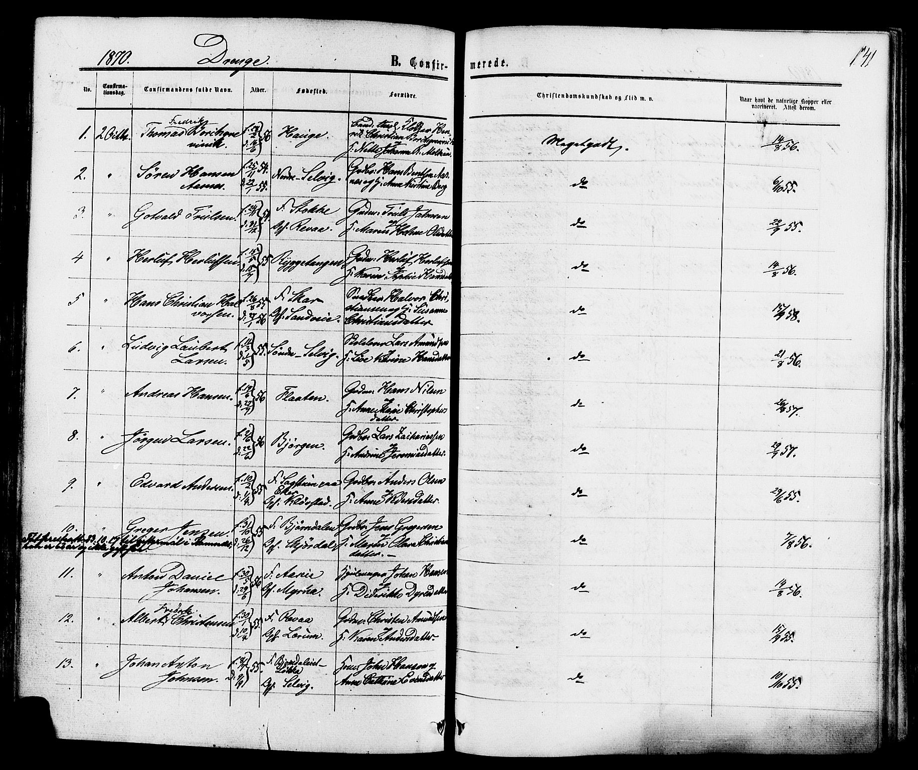 Sande Kirkebøker, SAKO/A-53/F/Fa/L0005: Parish register (official) no. 5, 1865-1877, p. 141