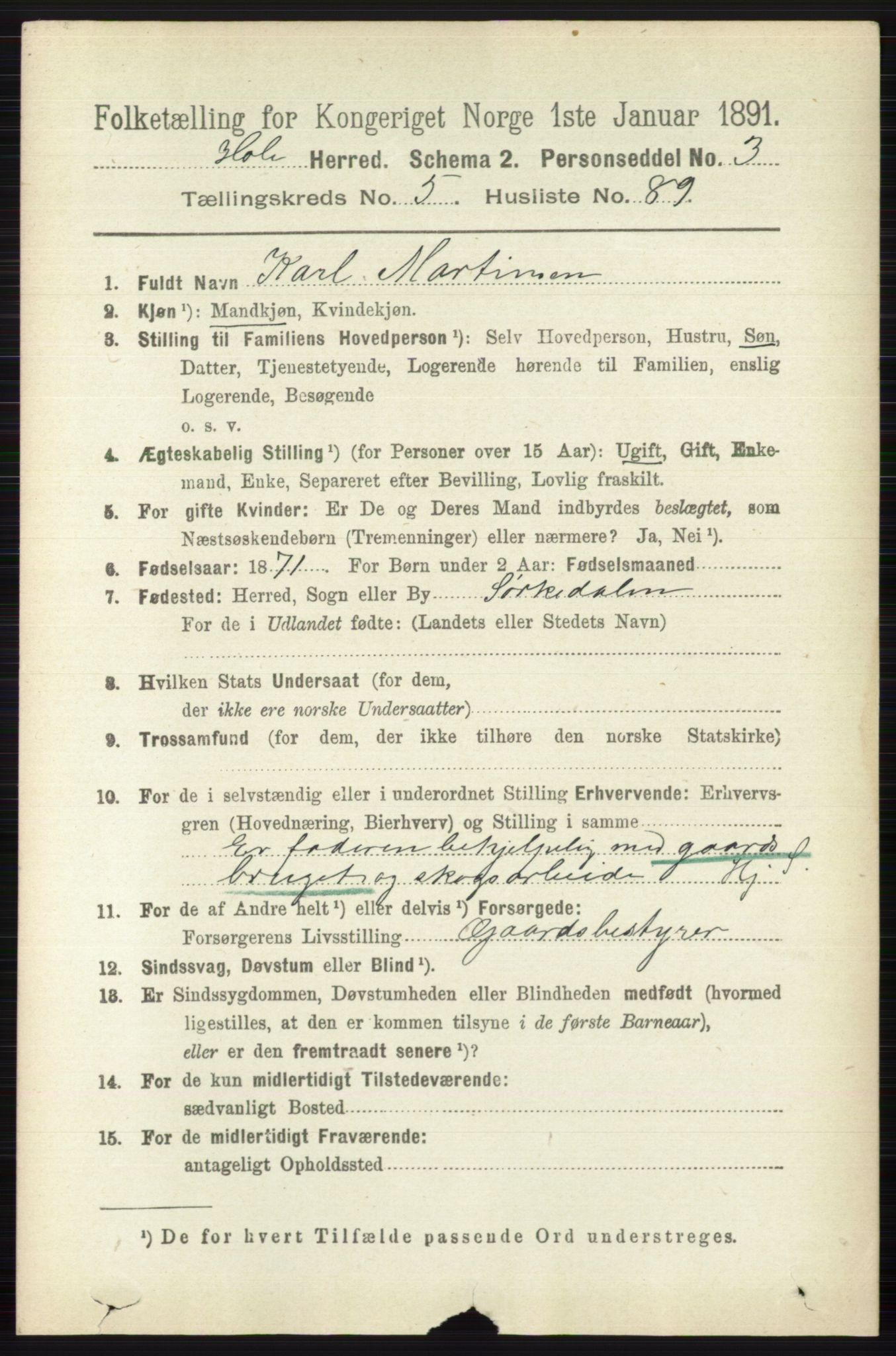 RA, 1891 census for 0612 Hole, 1891, p. 2957