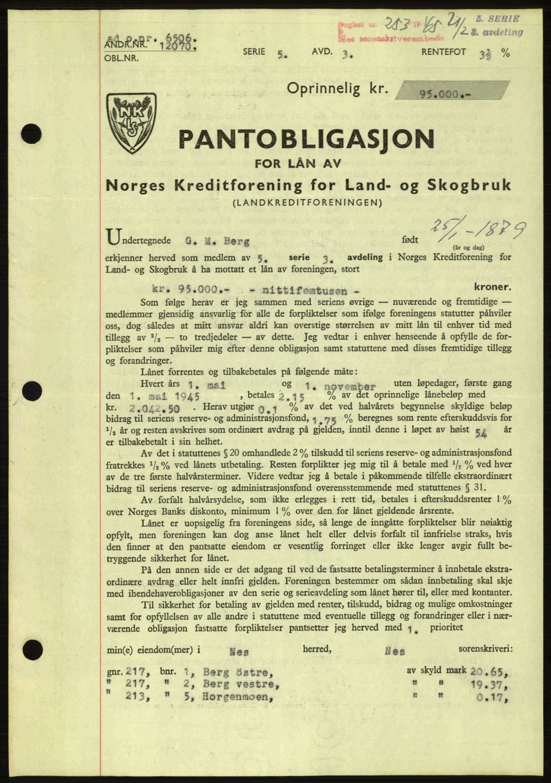 Nes tingrett, AV/SAO-A-10548/G/Gb/Gbb/L0018: Mortgage book no. 62, 1945-1945, Diary no: : 253/1945