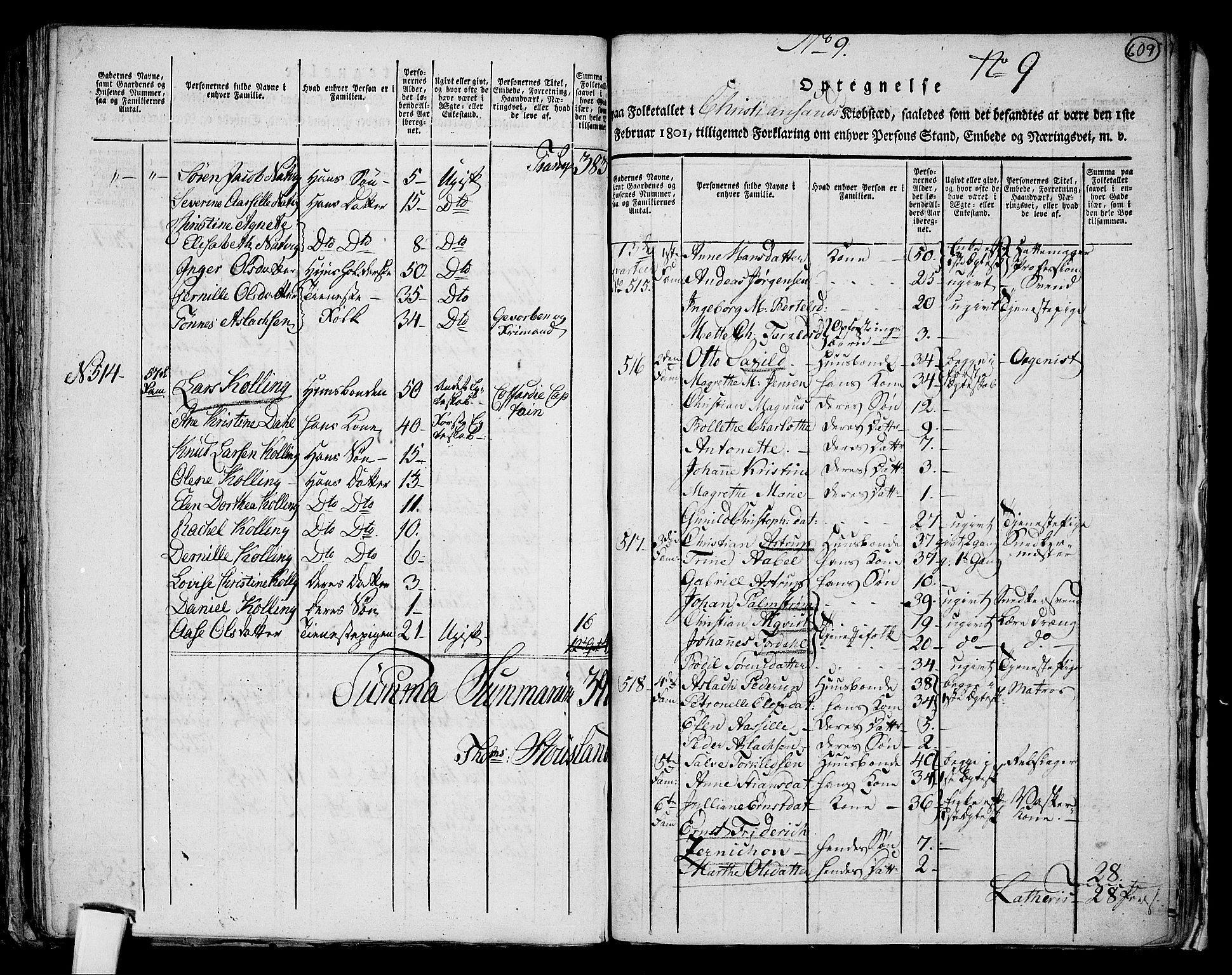 RA, 1801 census for 1001P Kristiansand, 1801, p. 608b-609a