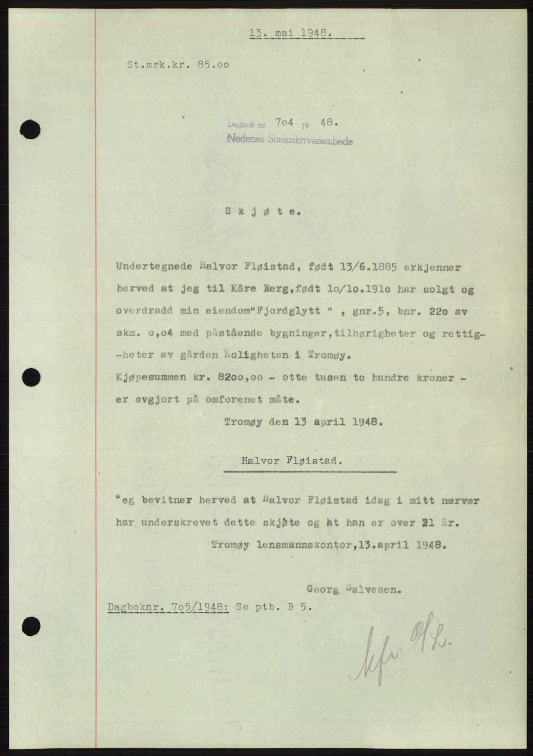 Nedenes sorenskriveri, SAK/1221-0006/G/Gb/Gba/L0059: Mortgage book no. A11, 1948-1948, Diary no: : 704/1948