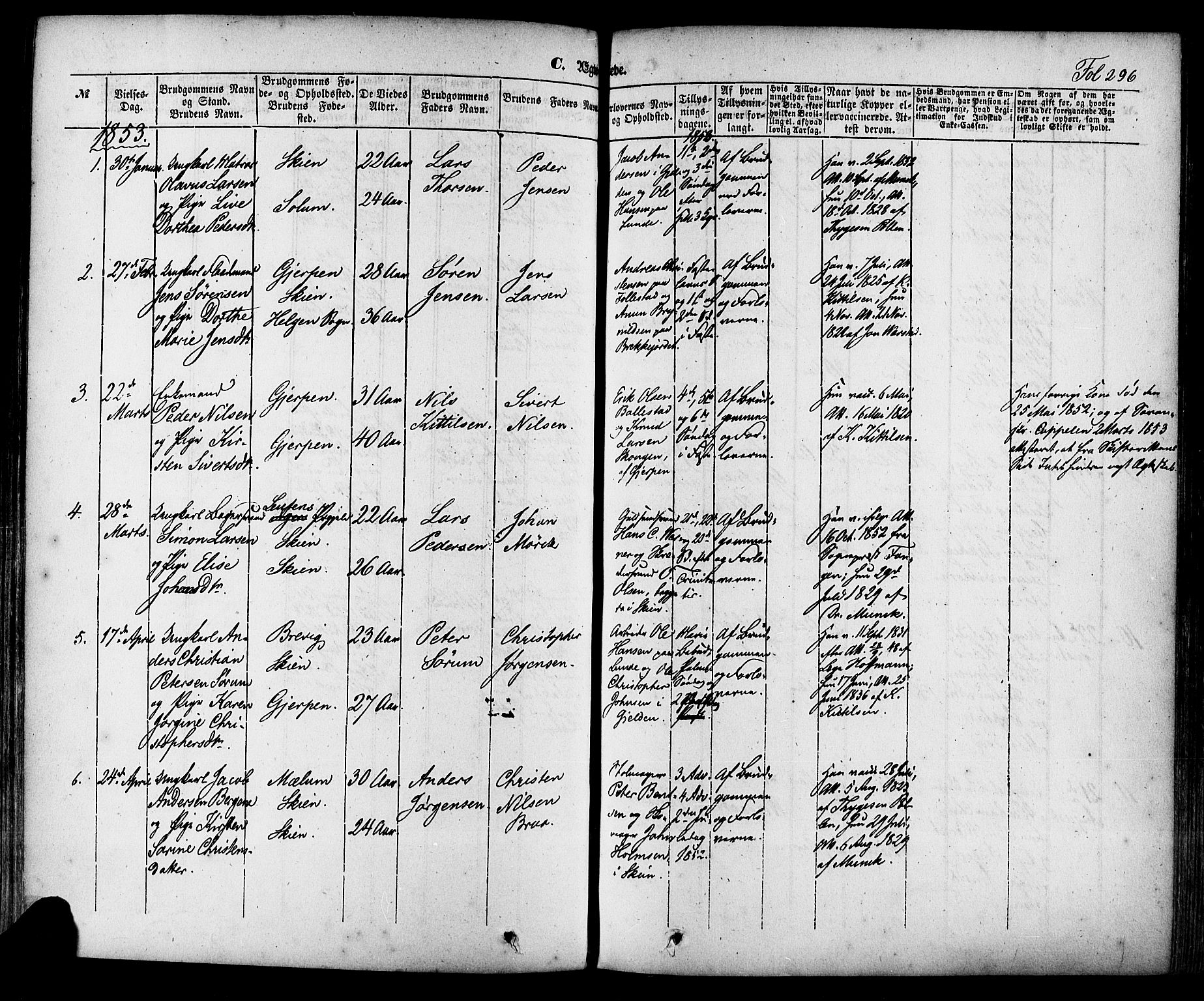 Skien kirkebøker, SAKO/A-302/F/Fa/L0006a: Parish register (official) no. 6A, 1843-1856, p. 296