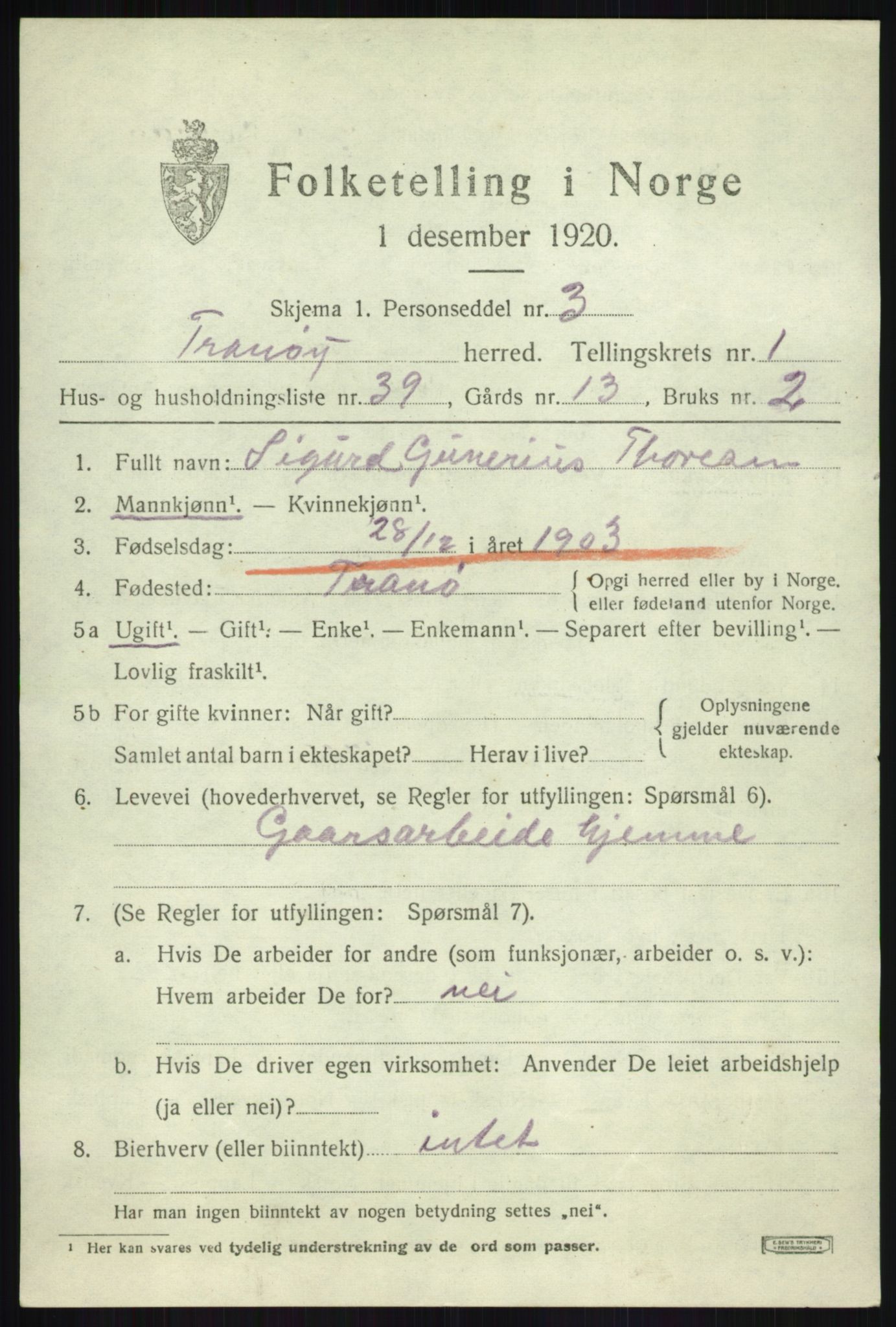 SATØ, 1920 census for Tranøy, 1920, p. 1143