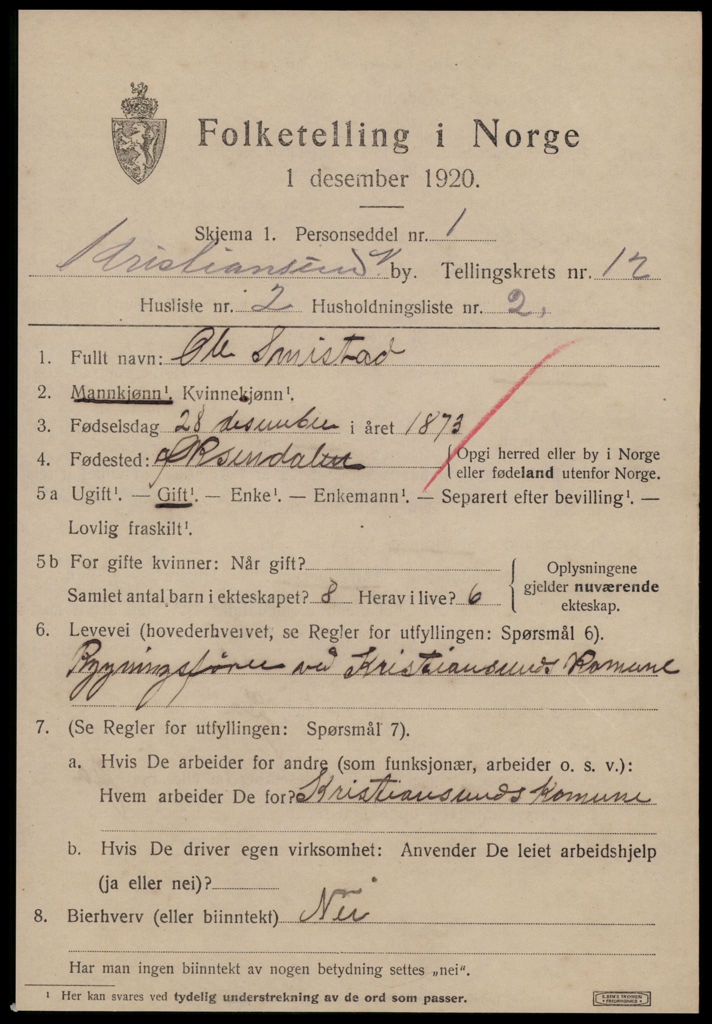 SAT, 1920 census for Kristiansund, 1920, p. 25287