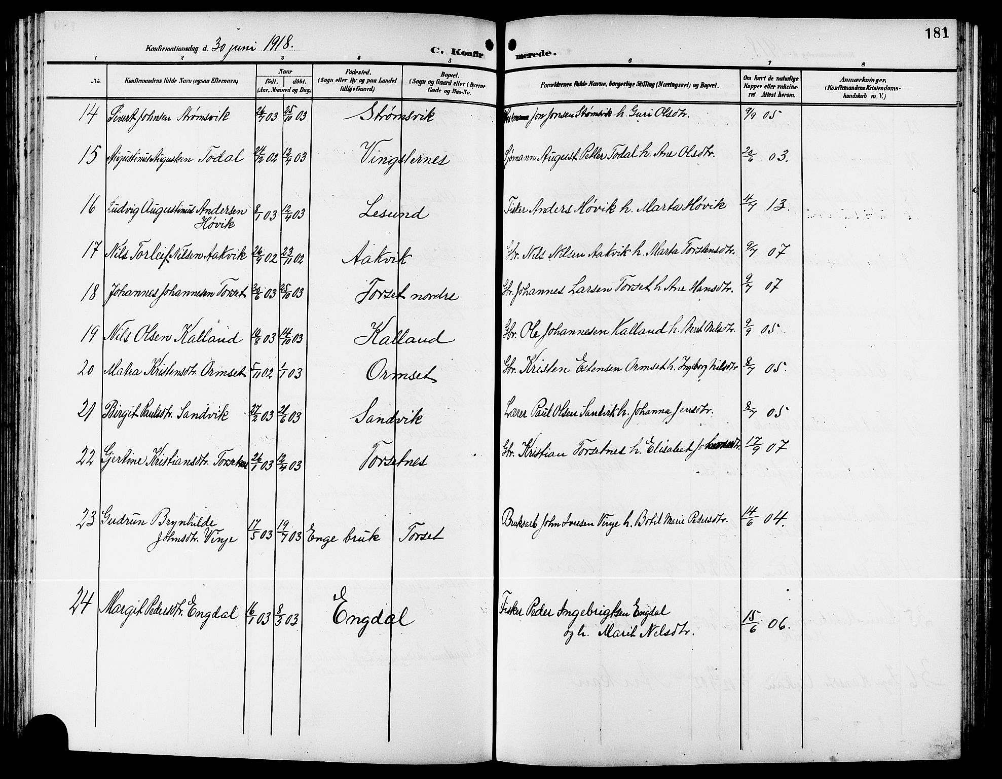 Ministerialprotokoller, klokkerbøker og fødselsregistre - Møre og Romsdal, AV/SAT-A-1454/578/L0910: Parish register (copy) no. 578C03, 1900-1921, p. 181